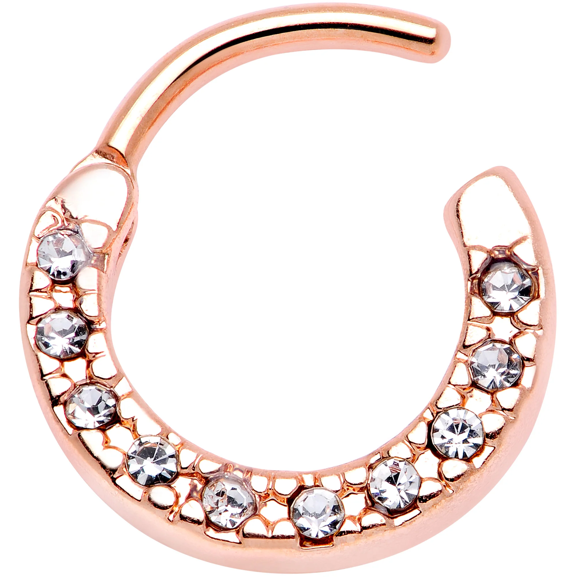 16G 5/16 Clear Gem Rose Gold Tone Paved Cartilage Clicker - Image 2