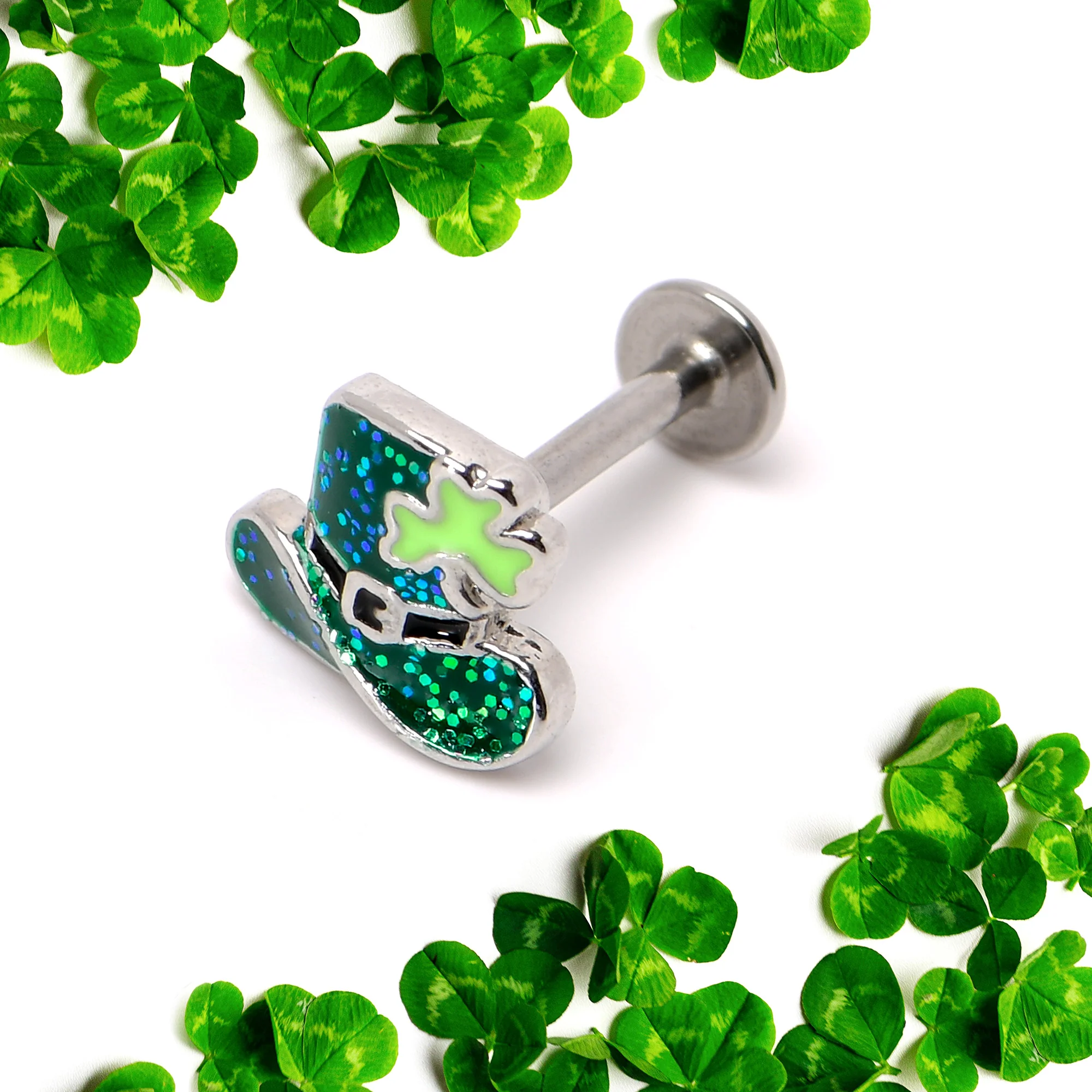 16G 5/16 Glitter Top Hat Shamrock St Patricks Labret Monroe Tragus - Image 5