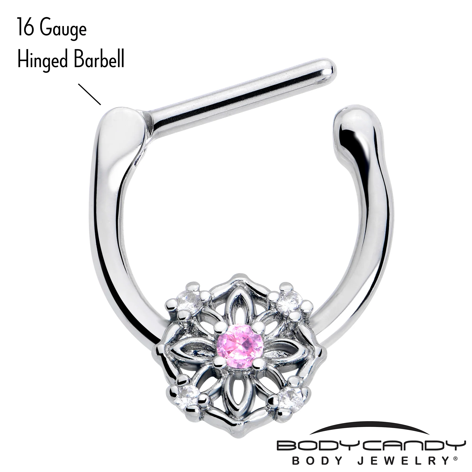 16G 5/16 Pink Clear CZ Gem Flower Circle Cartilage Clicker - Image 2