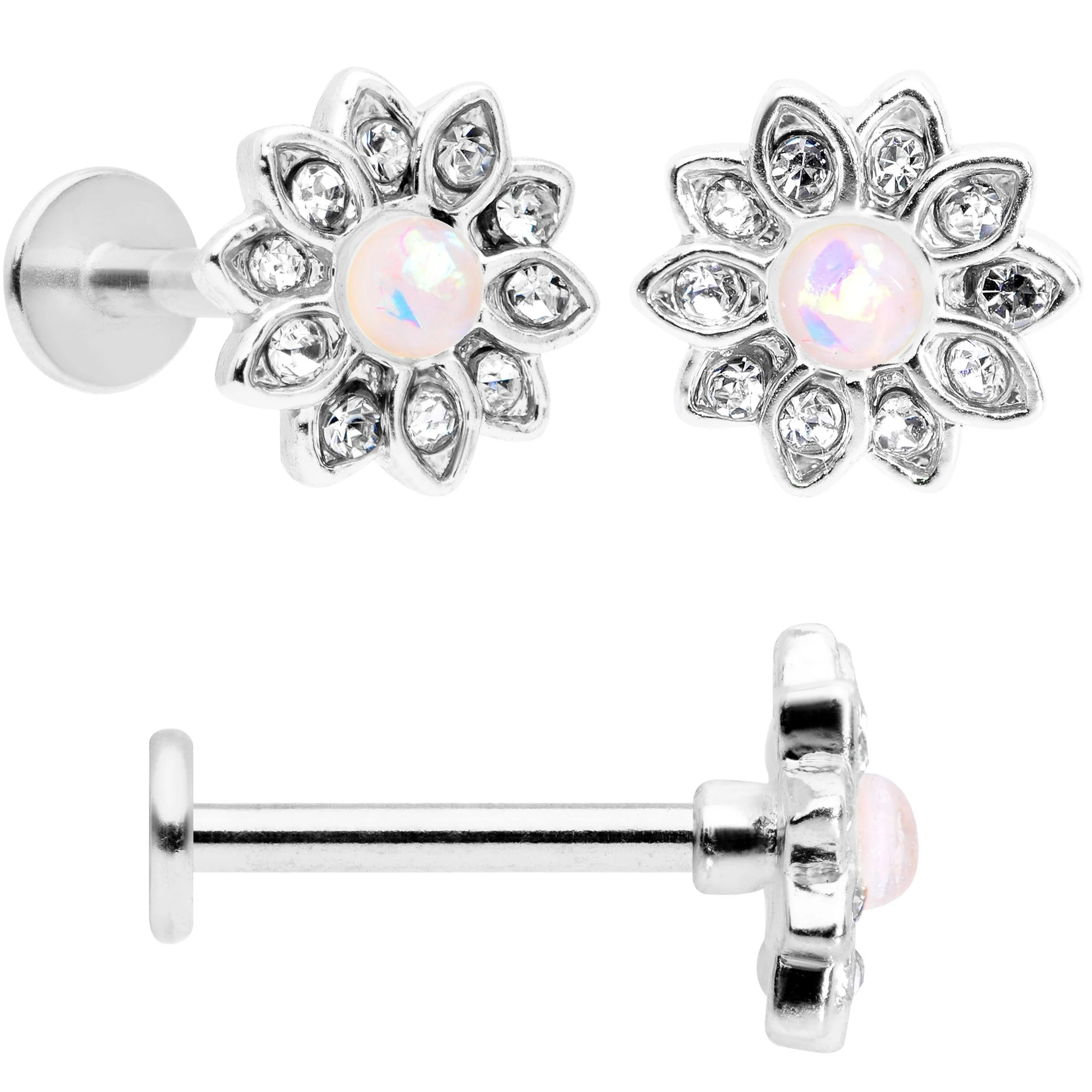 16G 5/16 White Faux Opal Flower Labret Set of 3 - Image 4