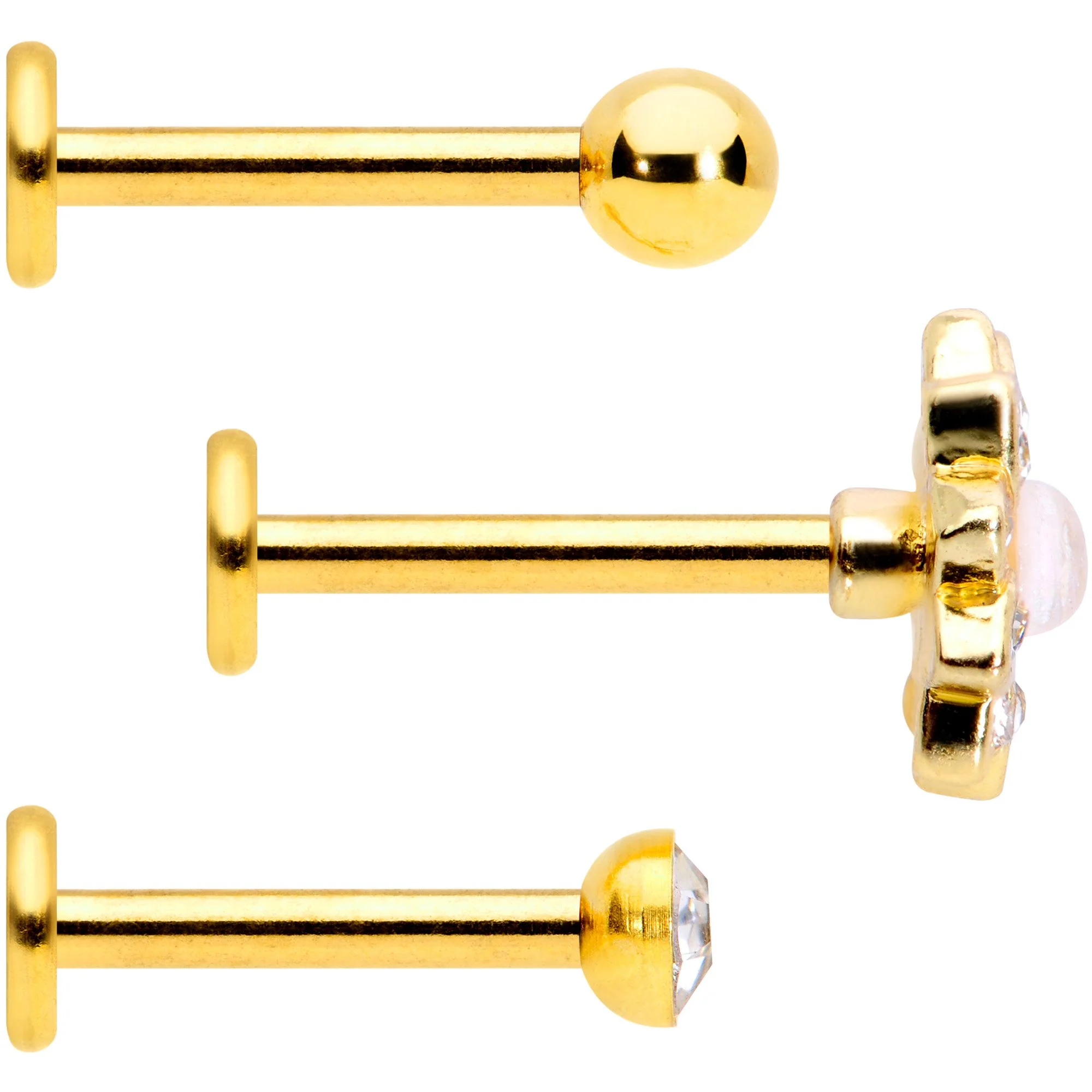 16G 5/16 White Faux Opal Gold Tone Flower Labret Curation Set of 3 - Image 2