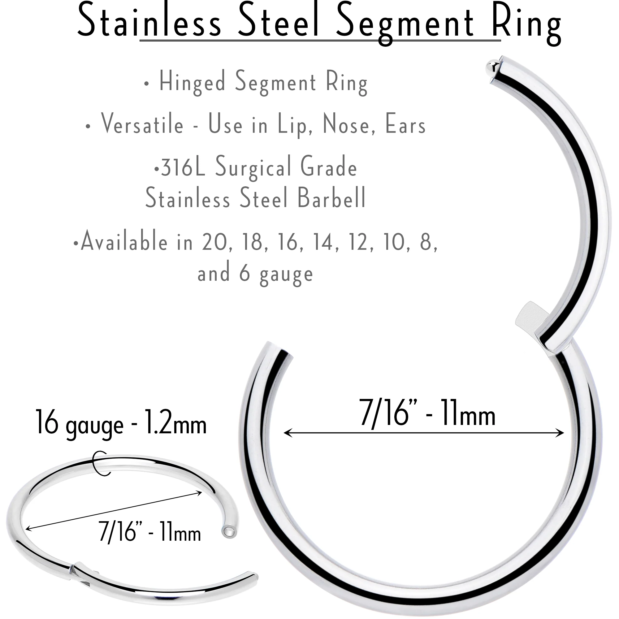 16G 7/16 316L Surgical Steel Precision Hinged Segment Hoop - Image 3