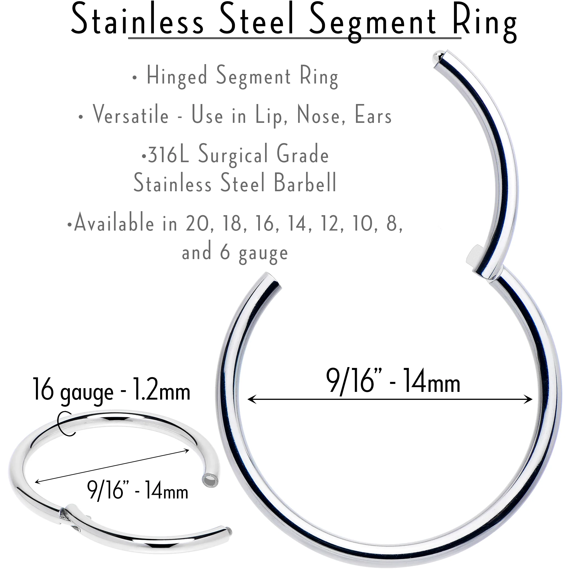 16G 9/16 316L Surgical Steel Precision Hinged Segment Hoop - Image 3