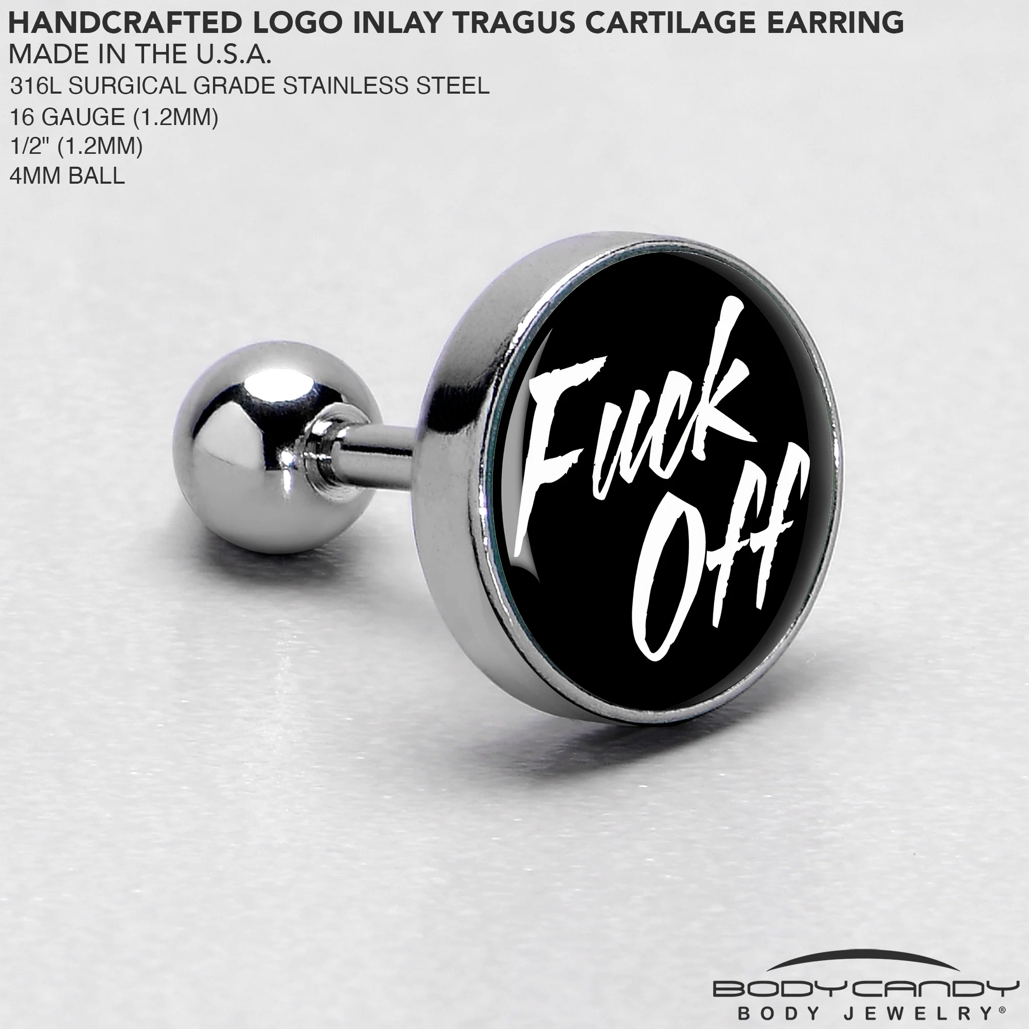 16G Black F*ck Off Tragus Cartilage Earring - Image 5
