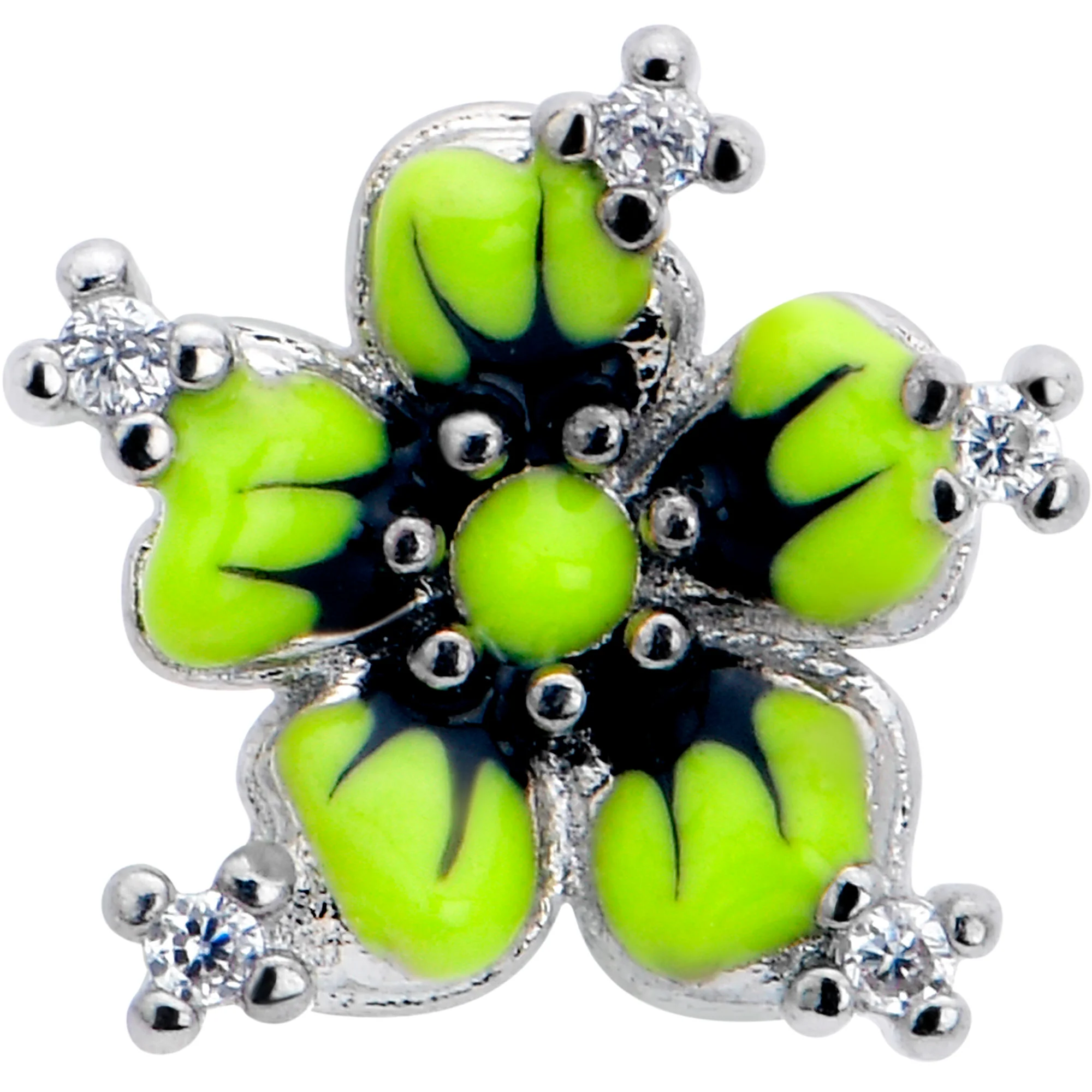 16G Clear CZ Gem Go Green Flower Flat Back Earring - Image 3