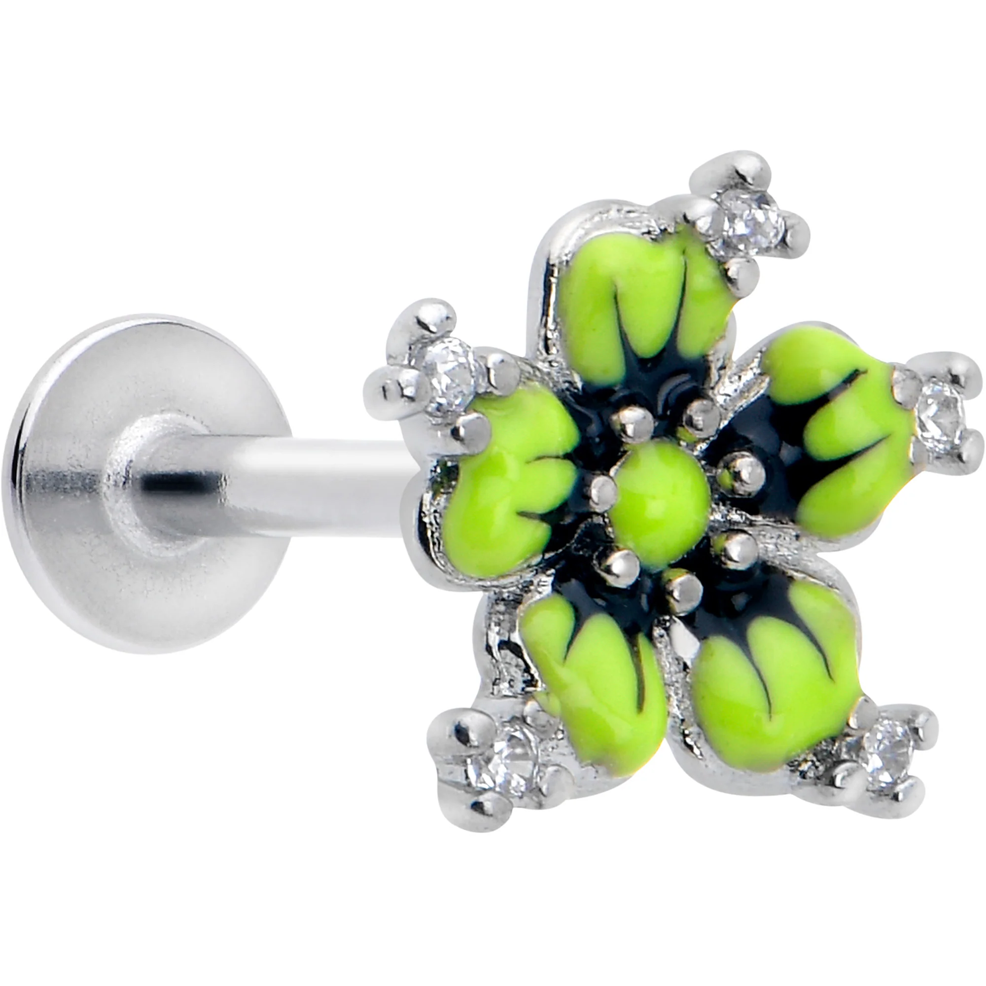 16G Clear CZ Gem Go Green Flower Flat Back Earring - Image 5