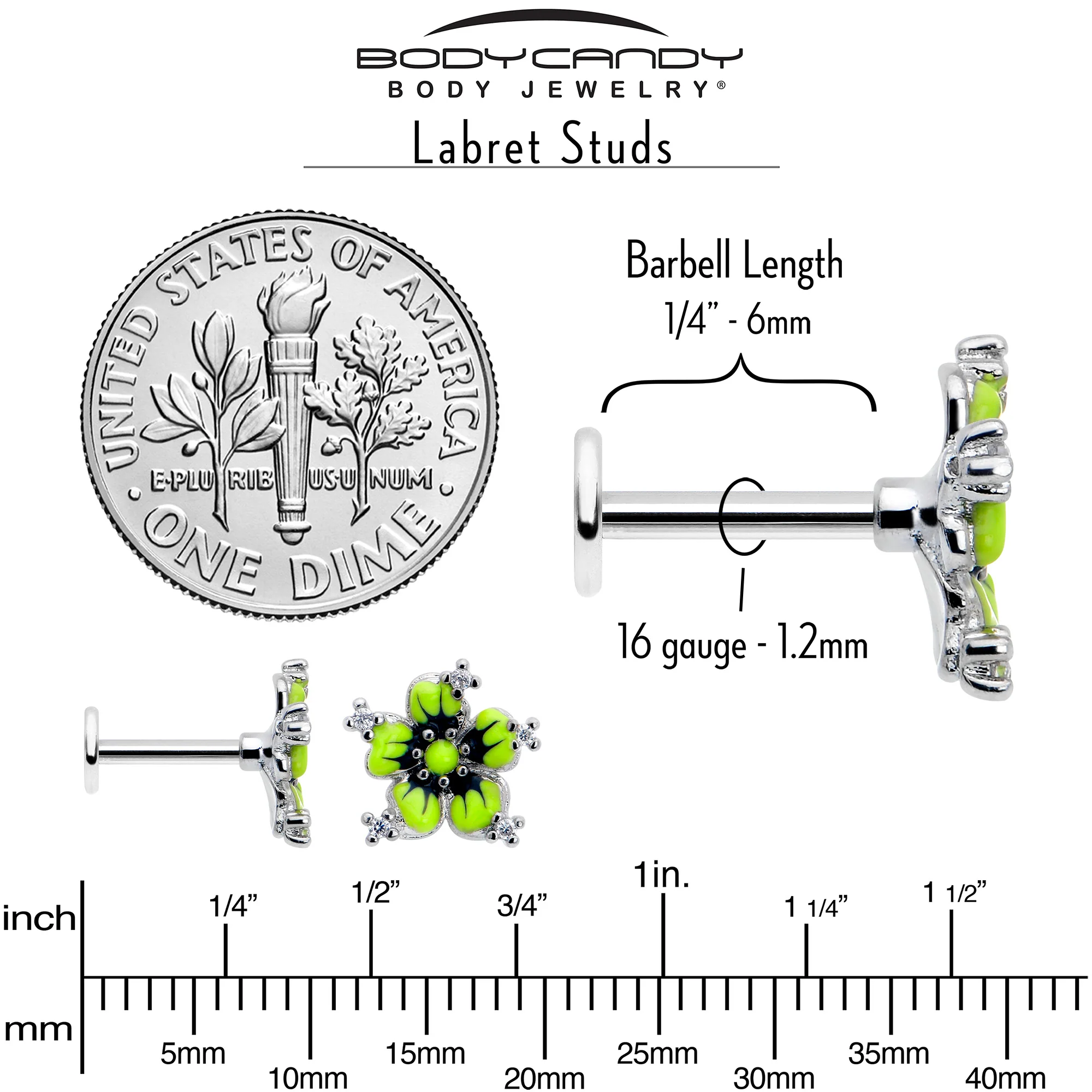 16G Clear CZ Gem Go Green Flower Flat Back Earring - Image 6