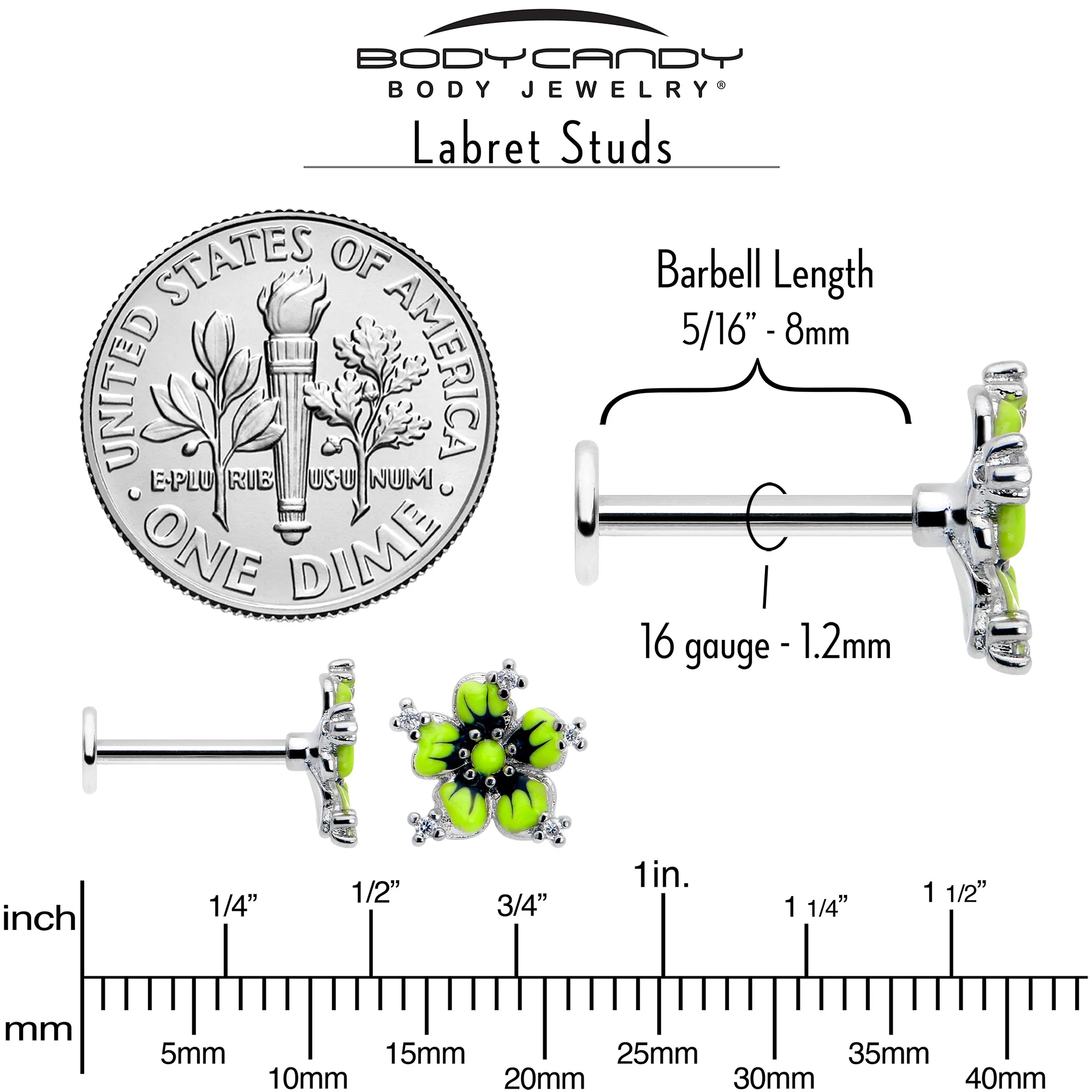 16G Clear CZ Gem Go Green Flower Flat Back Earring - Image 7