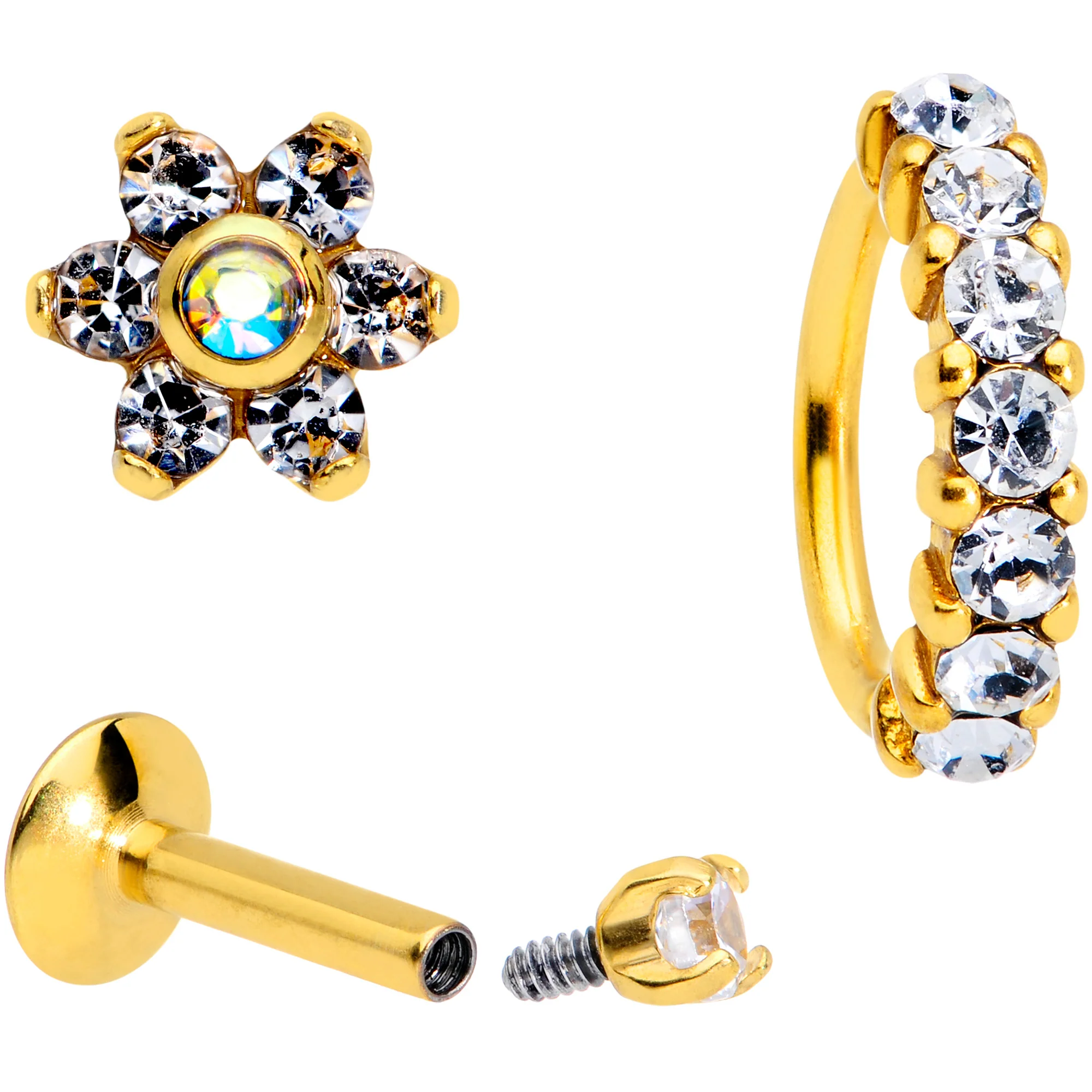 16G Clear CZ Gem Gold Tone Cartilage Labret Closure Ring Set of 3 - Image 2