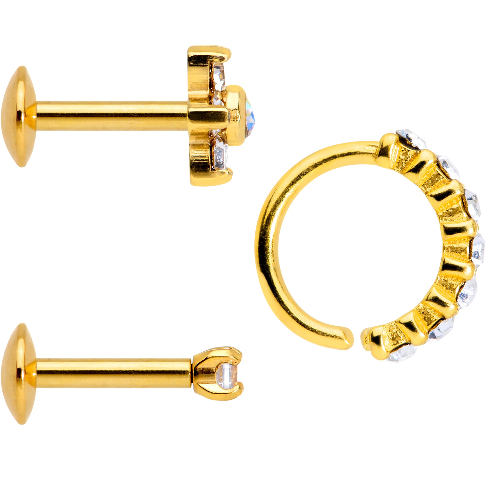 16G Clear CZ Gem Gold Tone Cartilage Labret Closure Ring Set of 3 - Image 3