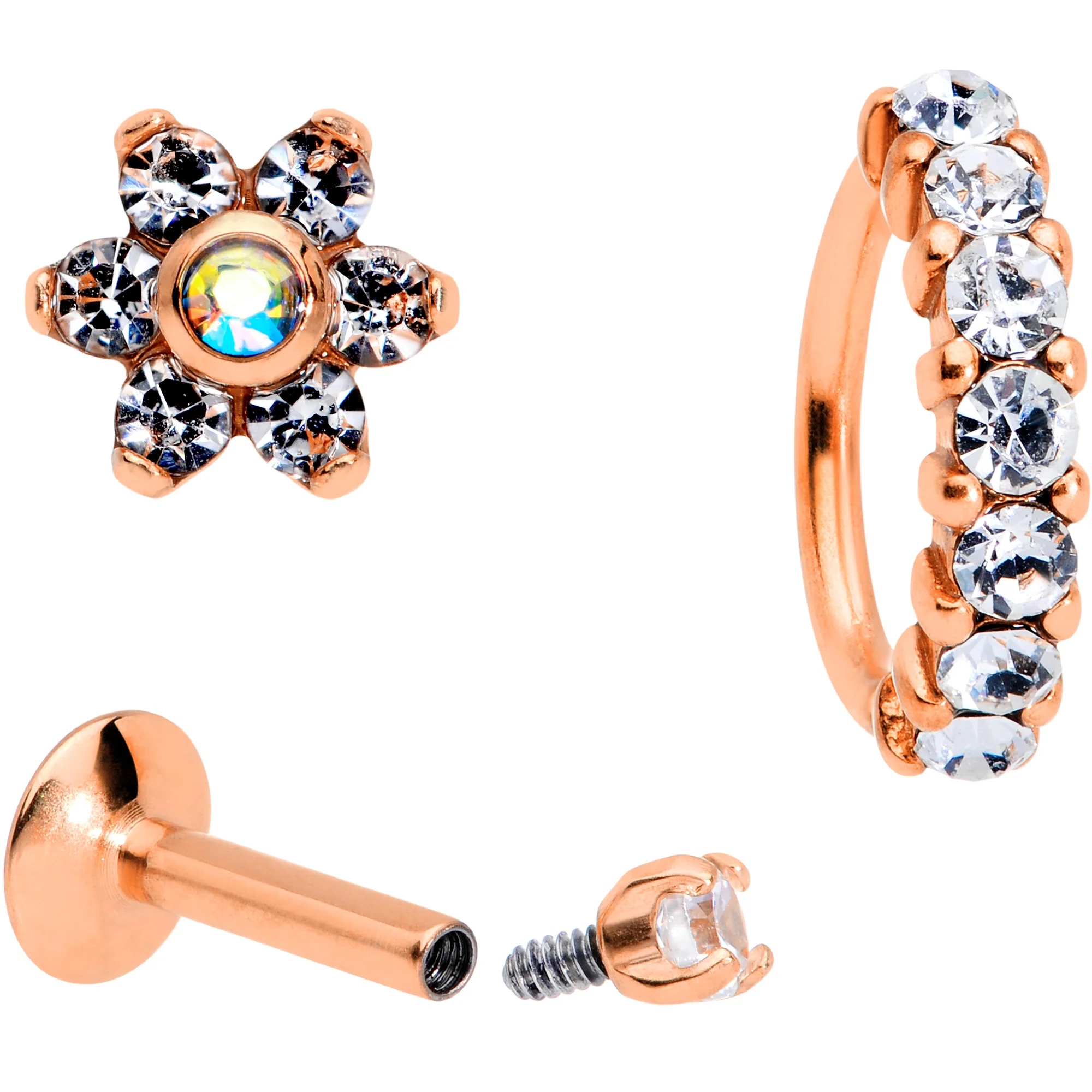 16G Clear CZ Gem Rose Gold Tone Cartilage Labret Closure Ring Set of 3 - Image 2