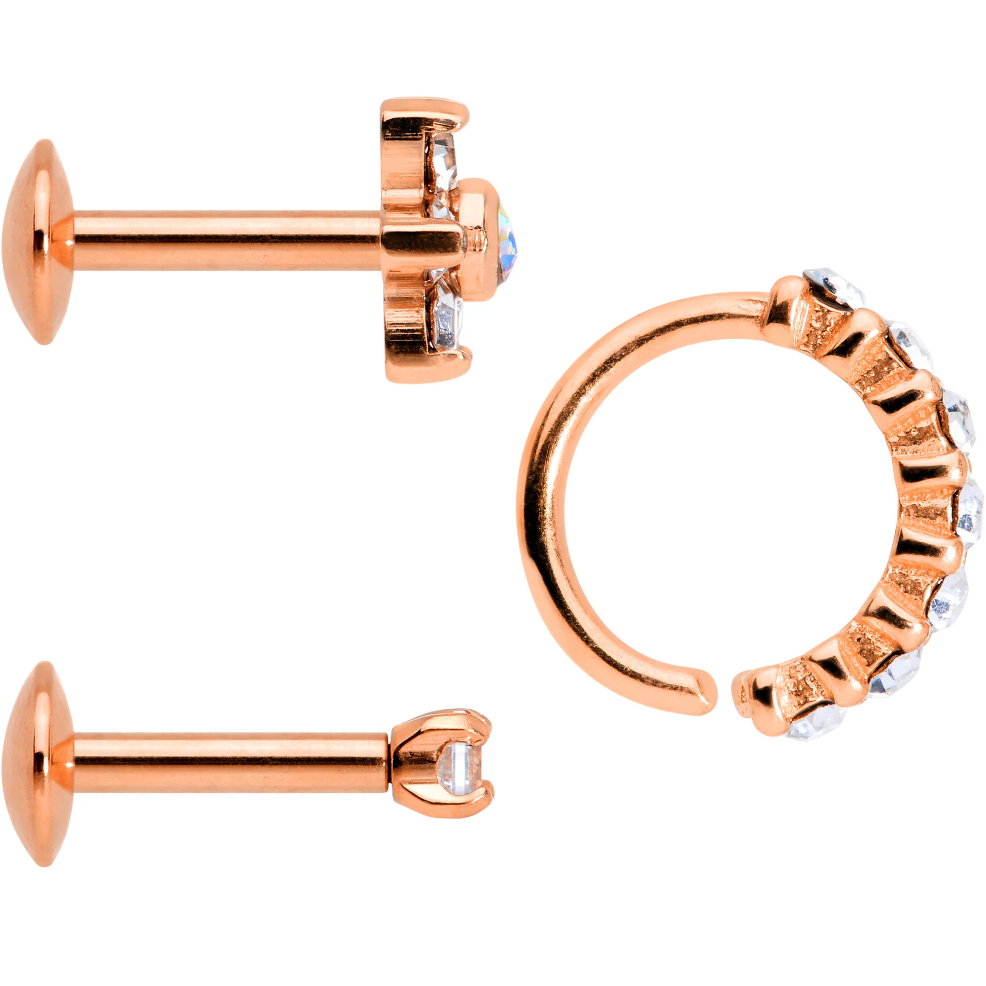 16G Clear CZ Gem Rose Gold Tone Cartilage Labret Closure Ring Set of 3 - Image 3