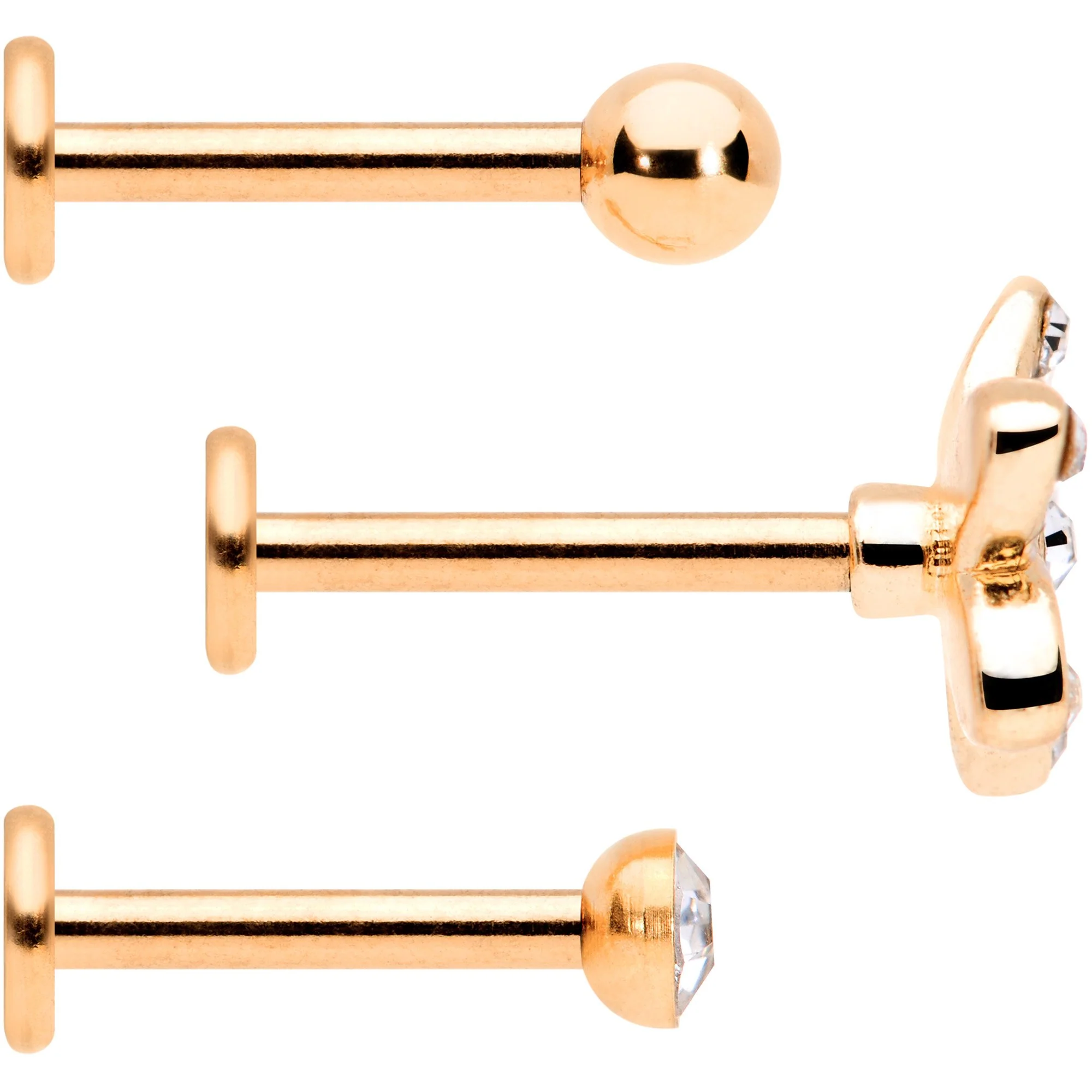 16G Clear Gem Rose Gold Tone Black Flower Labret Set of 3 - Image 2