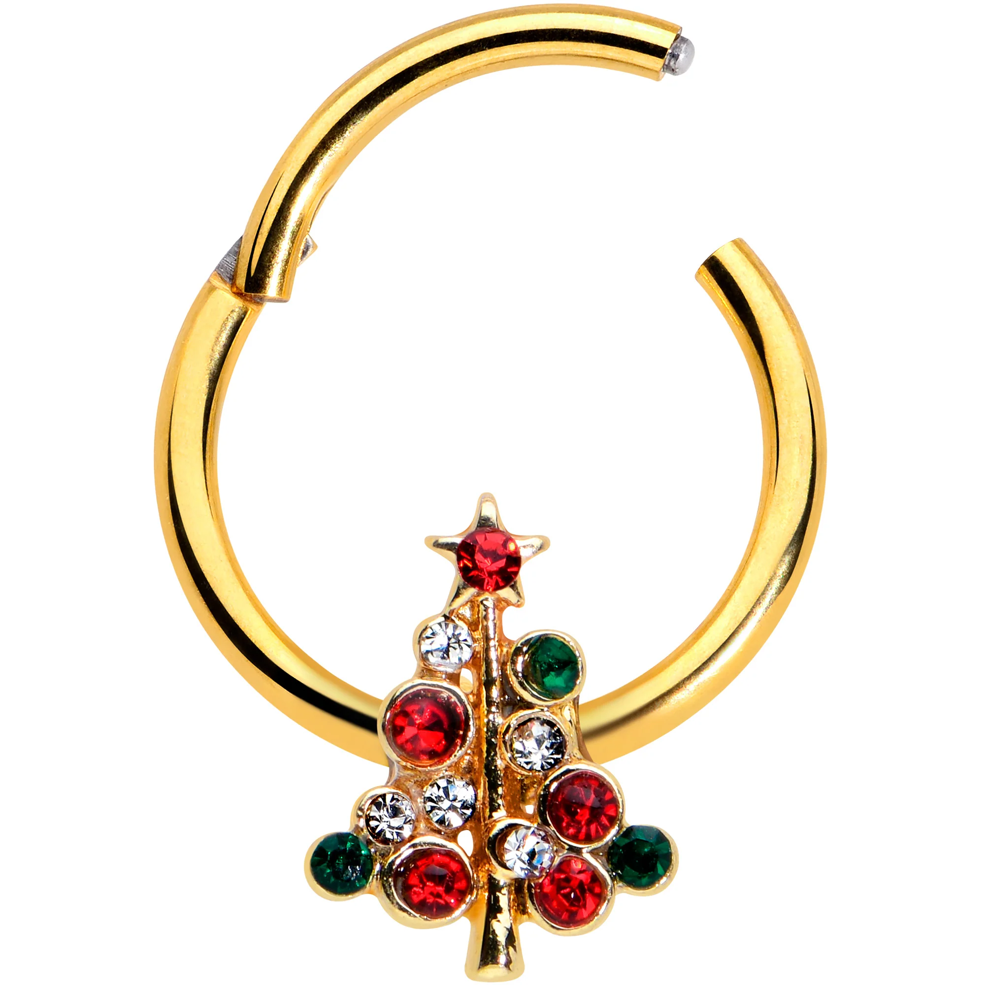 16G 3/8 Dazzline Gem Gold Tone Christmas Tree Hinged Segment Ring - Image 2