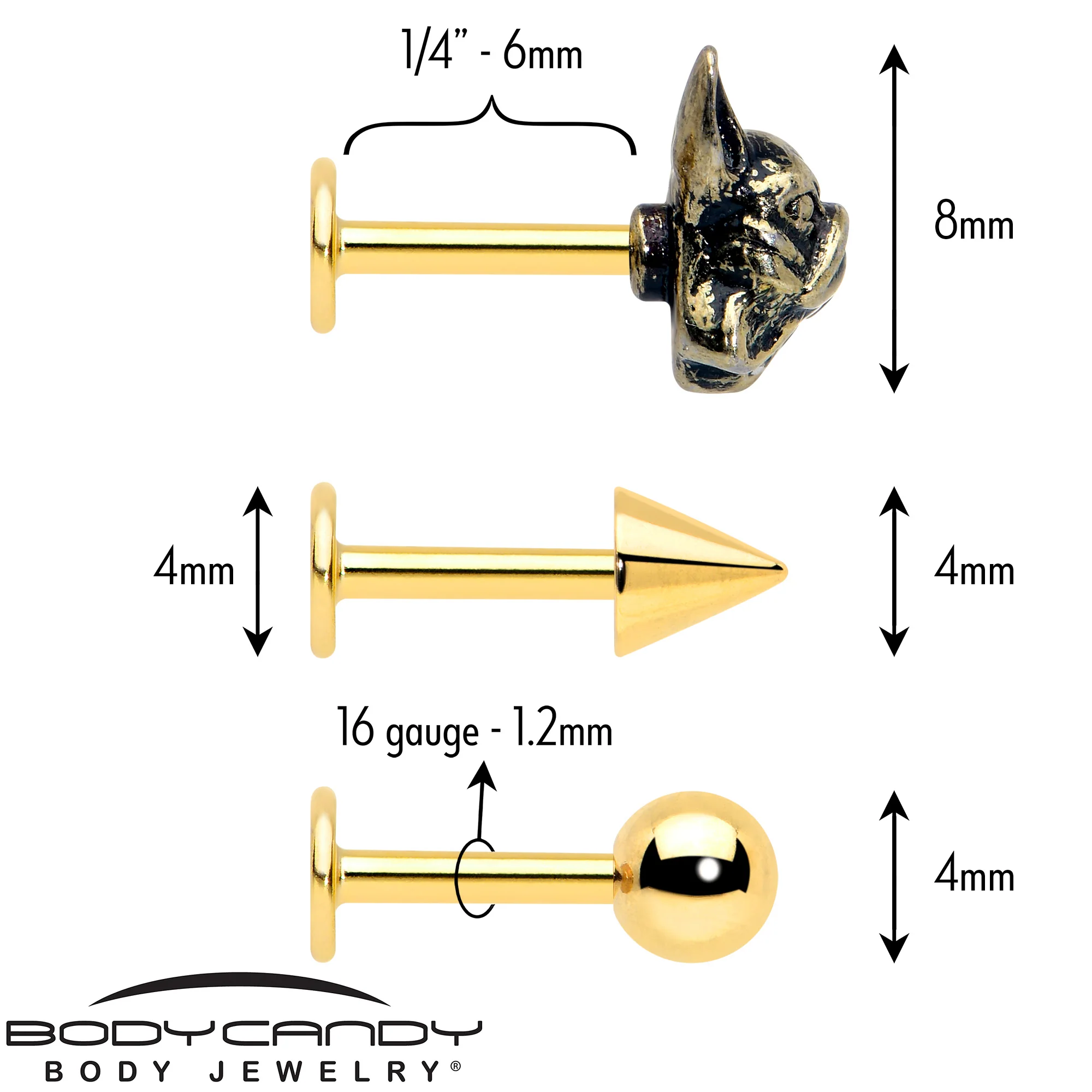 16G French Bulldog Flat Back Earring Set Internally Threaded 3 Pack - Image 2