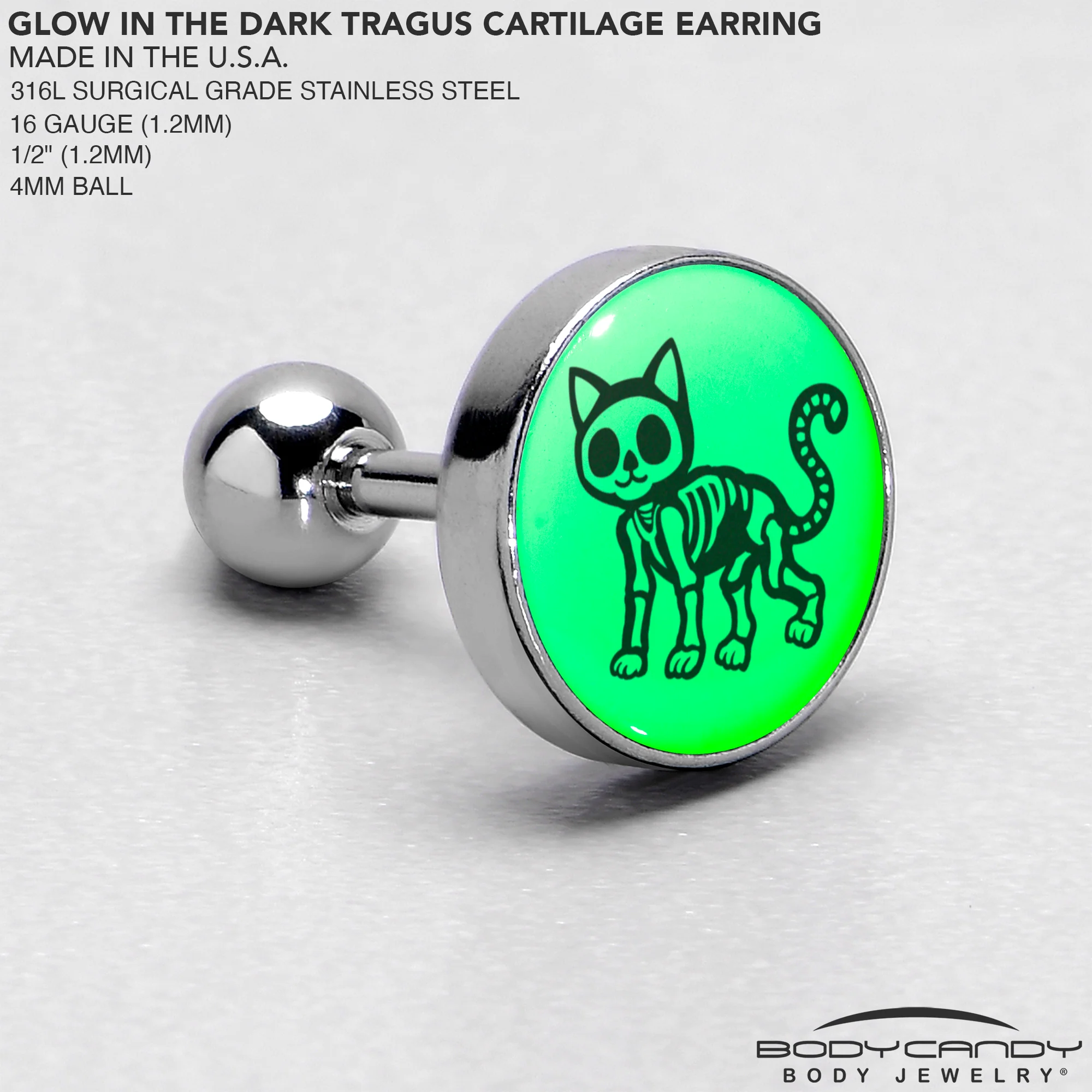 16G 1/4 Glow in the Dark Skeleton Kitty Cat Tragus Cartilage Earring by Onyx O - Image 7