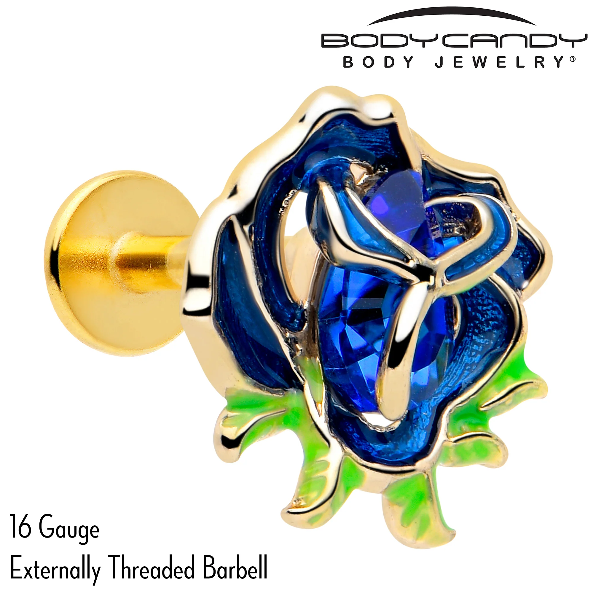16G Gold Tone Deep Blue Flower Flat Back Earring - Image 2