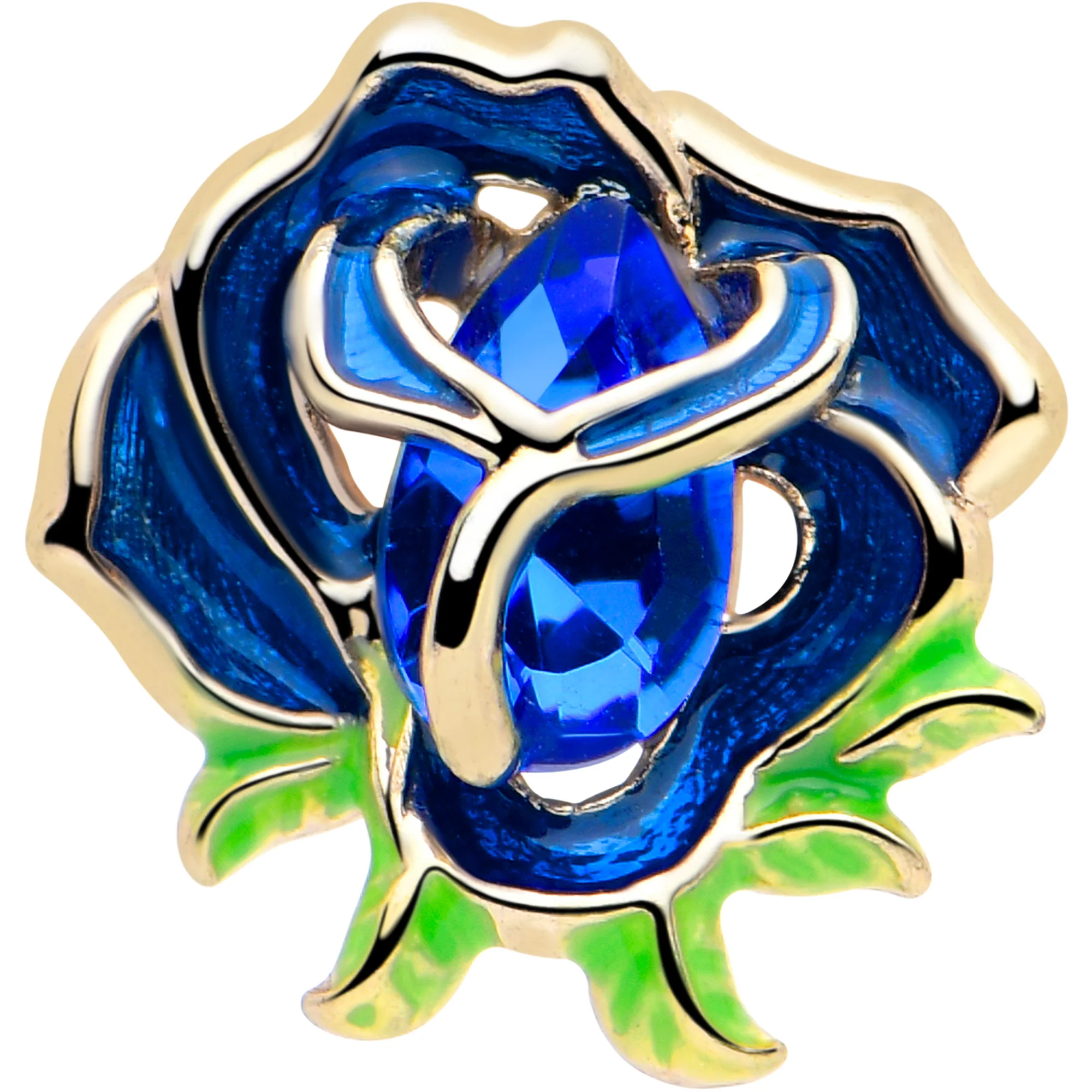 16G Gold Tone Deep Blue Flower Flat Back Earring - Image 3