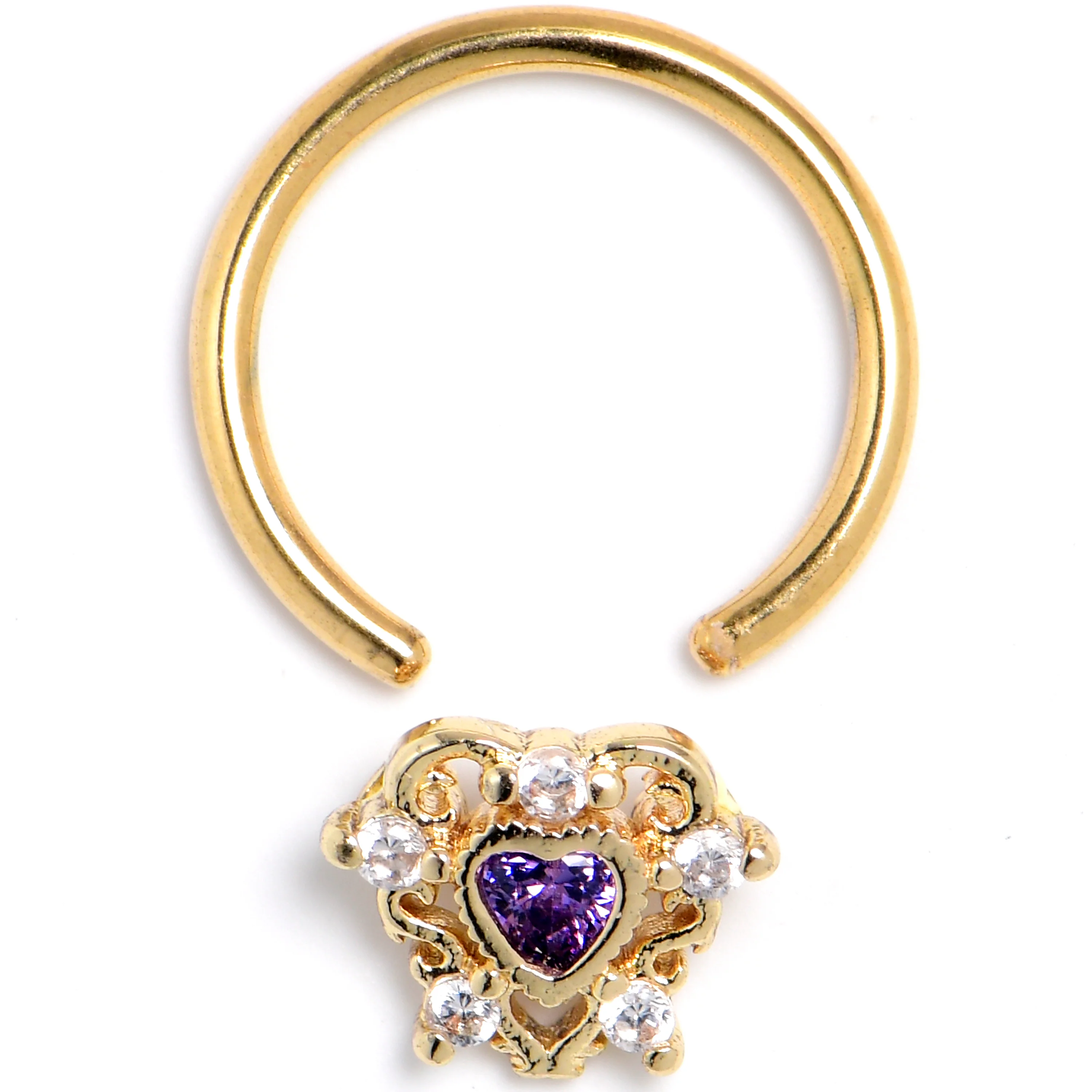 16G Purple CZ Gem Gold Tone Heart of Love BCR Captive Ring - Image 2