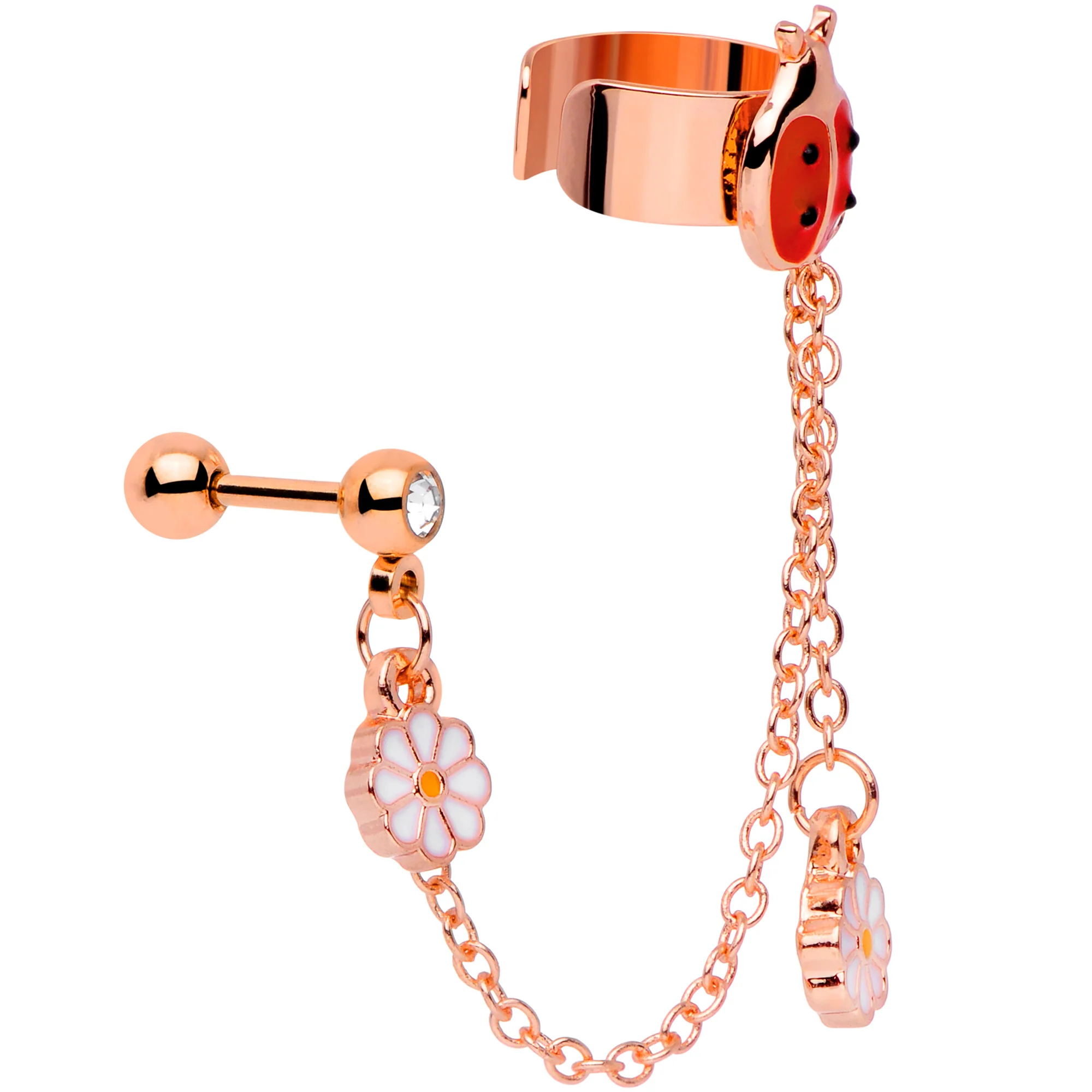 16G Rose Gold Tone Ladybug Flower Left Cuff Chain Cartilage Ring - Image 2