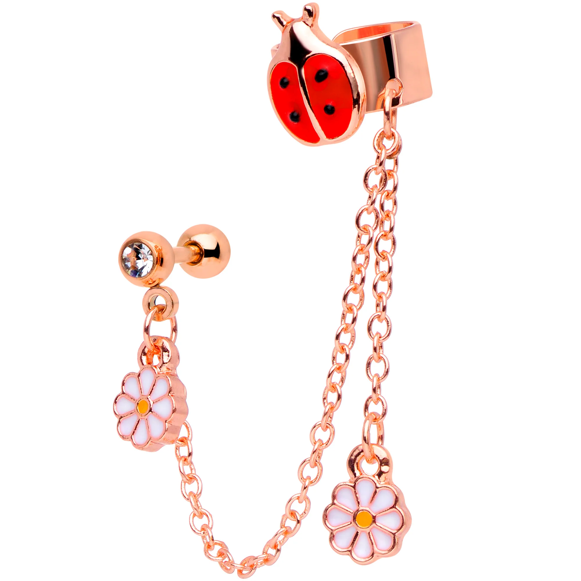 16G Rose Gold Tone Ladybug Flower Left Cuff Chain Cartilage Ring - Image 3