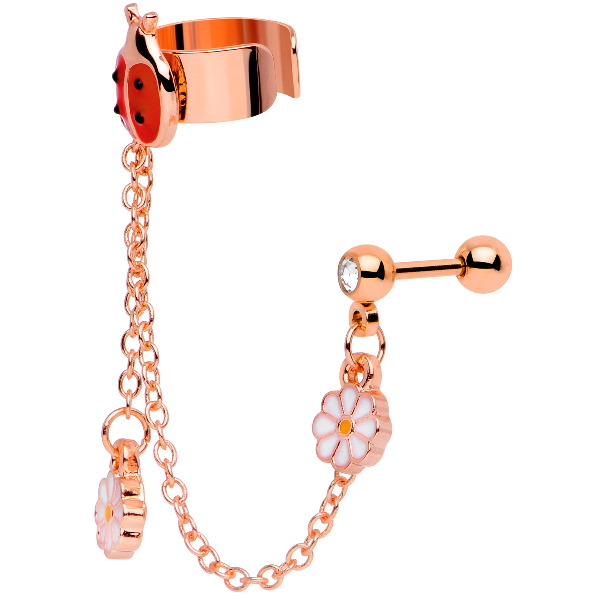 16G Rose Gold Tone Ladybug Flower Right Cuff Chain Cartilage Ring - Image 2