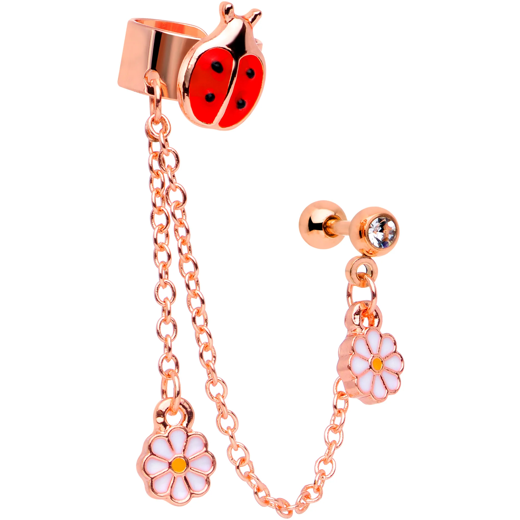 16G Rose Gold Tone Ladybug Flower Right Cuff Chain Cartilage Ring - Image 3