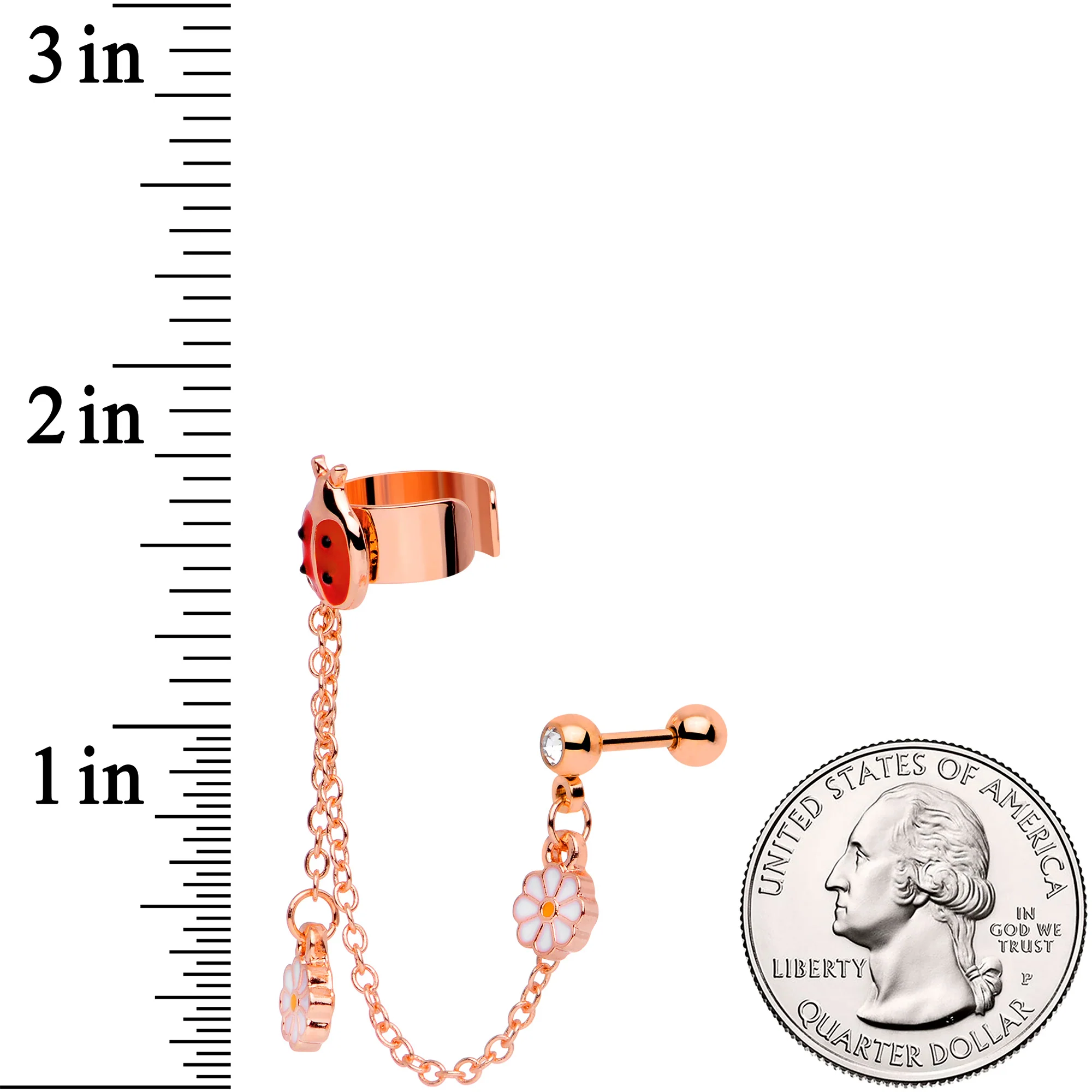 16G Rose Gold Tone Ladybug Flower Right Cuff Chain Cartilage Ring - Image 4