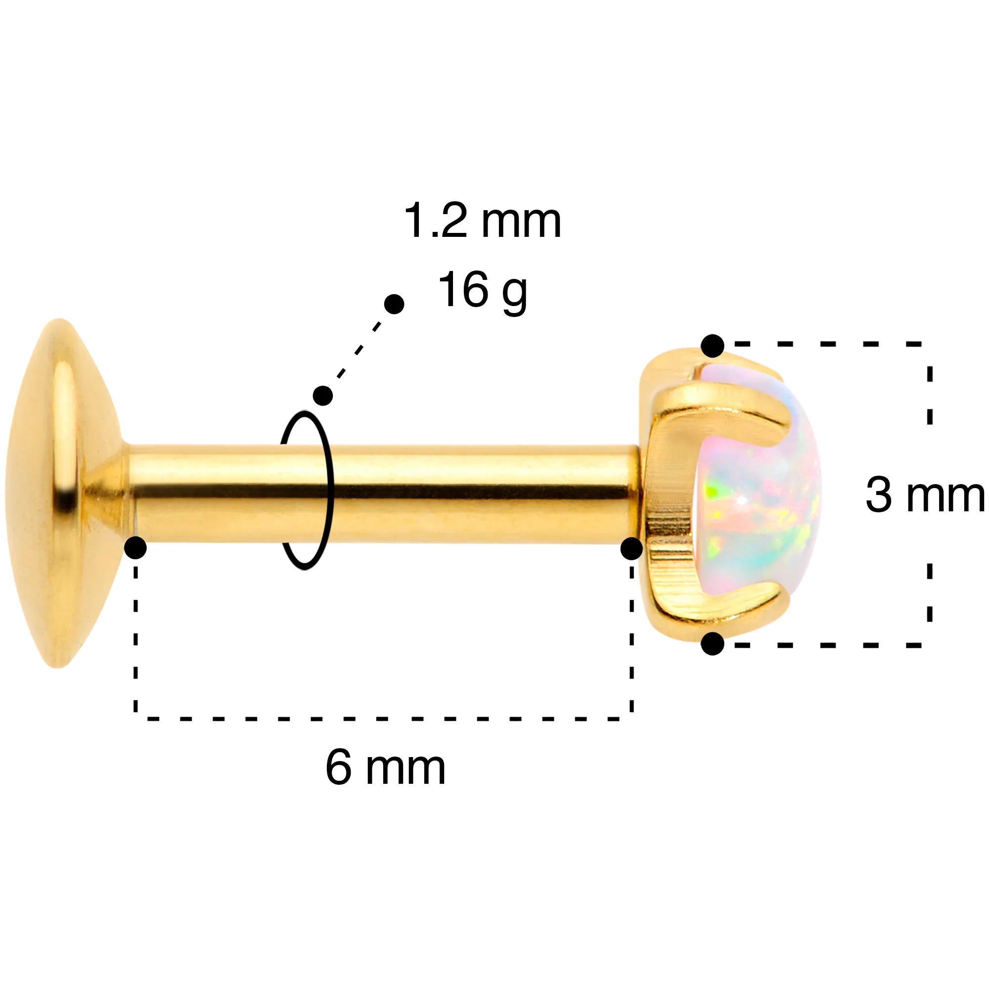 16G 1/4 3mm Syn Opal Gold G23 Titanium Internal Thread Labret - Image 5