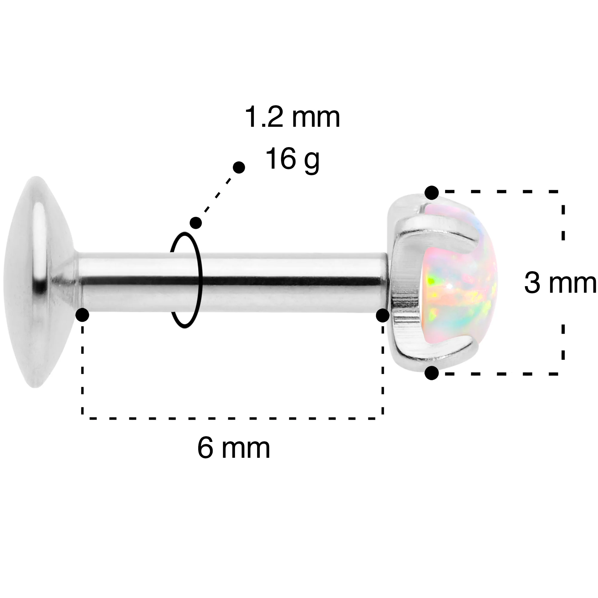 16G 1/4 3mm White Syn Opal G23 Titanium Internal Thread Labret - Image 5
