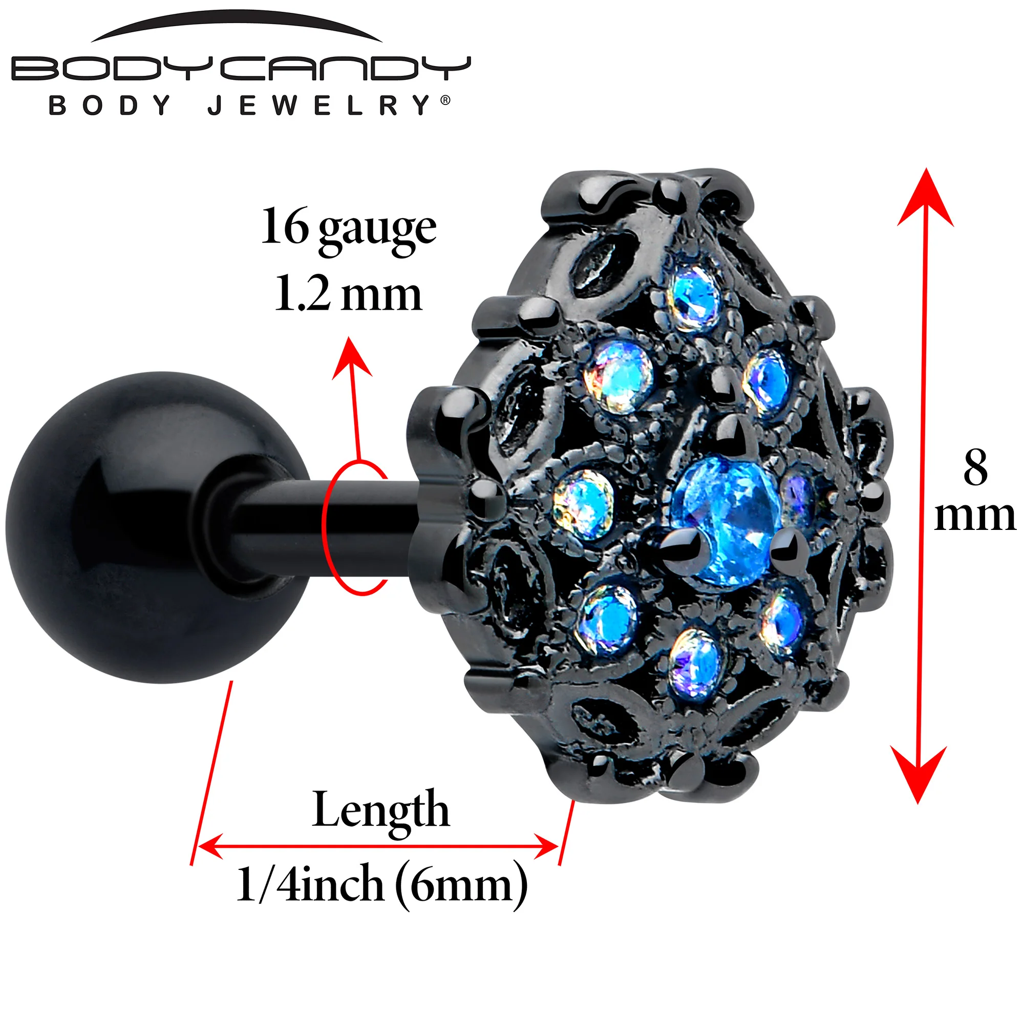16G 1/4 Aurora Gem Black Night Blossom Cartilage Tragus Earring - Image 2