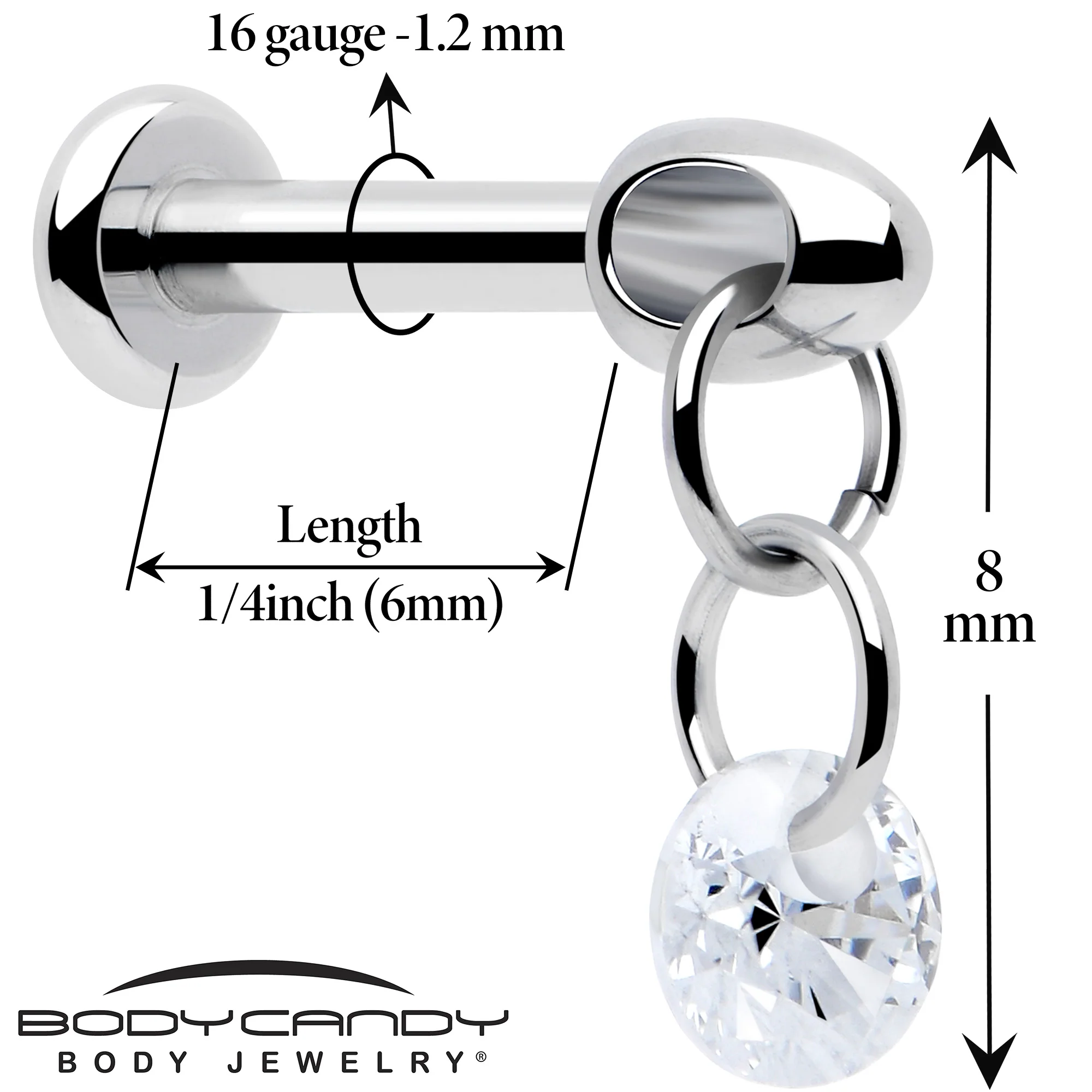 16G 1/4 Clear CZ Gem Implant Grade Titanium Internally Threaded Dangle Labret - Image 2