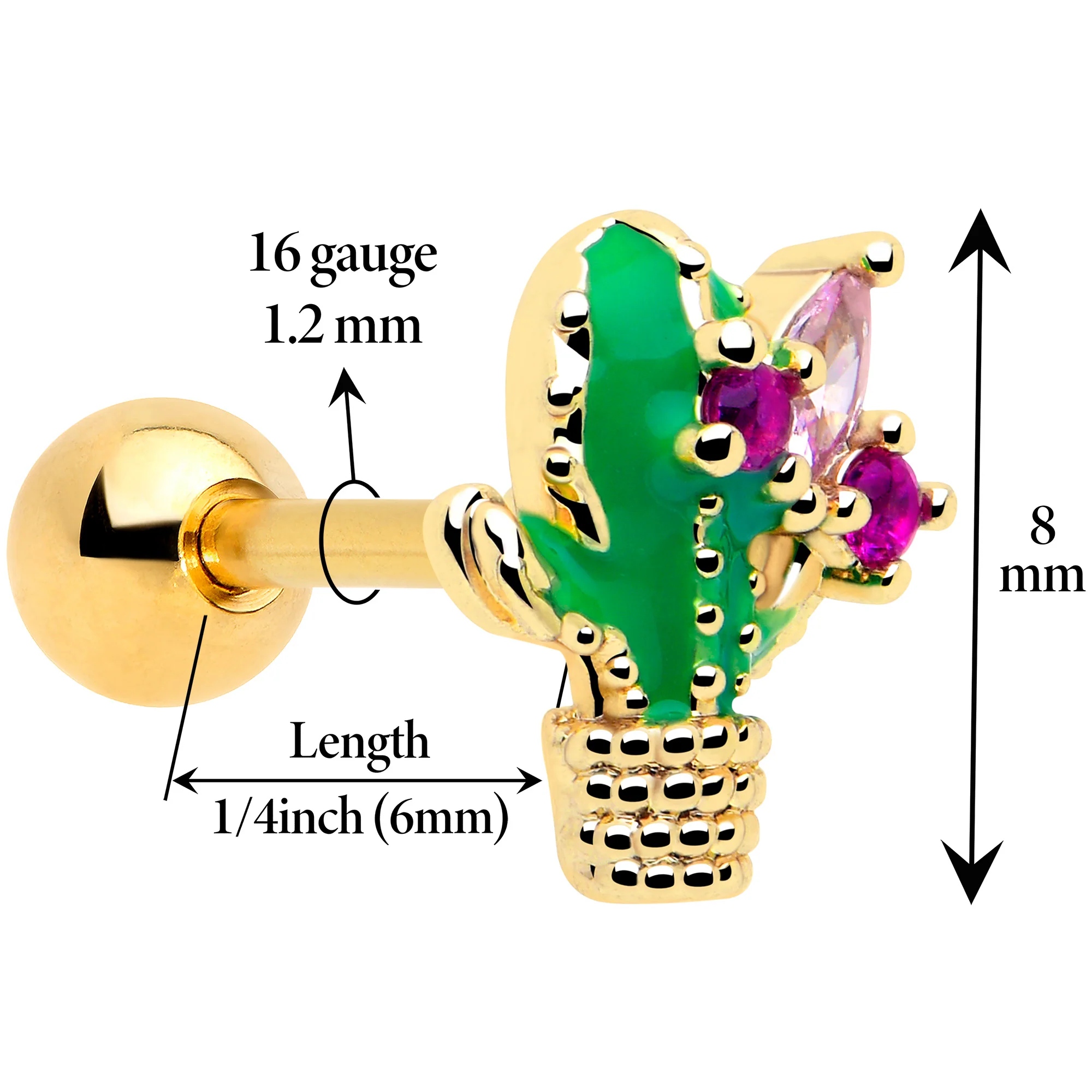 16G 1/4 Pink CZ Gem Gold Tone Floral Cactus Cartilage Tragus Earring - Image 2