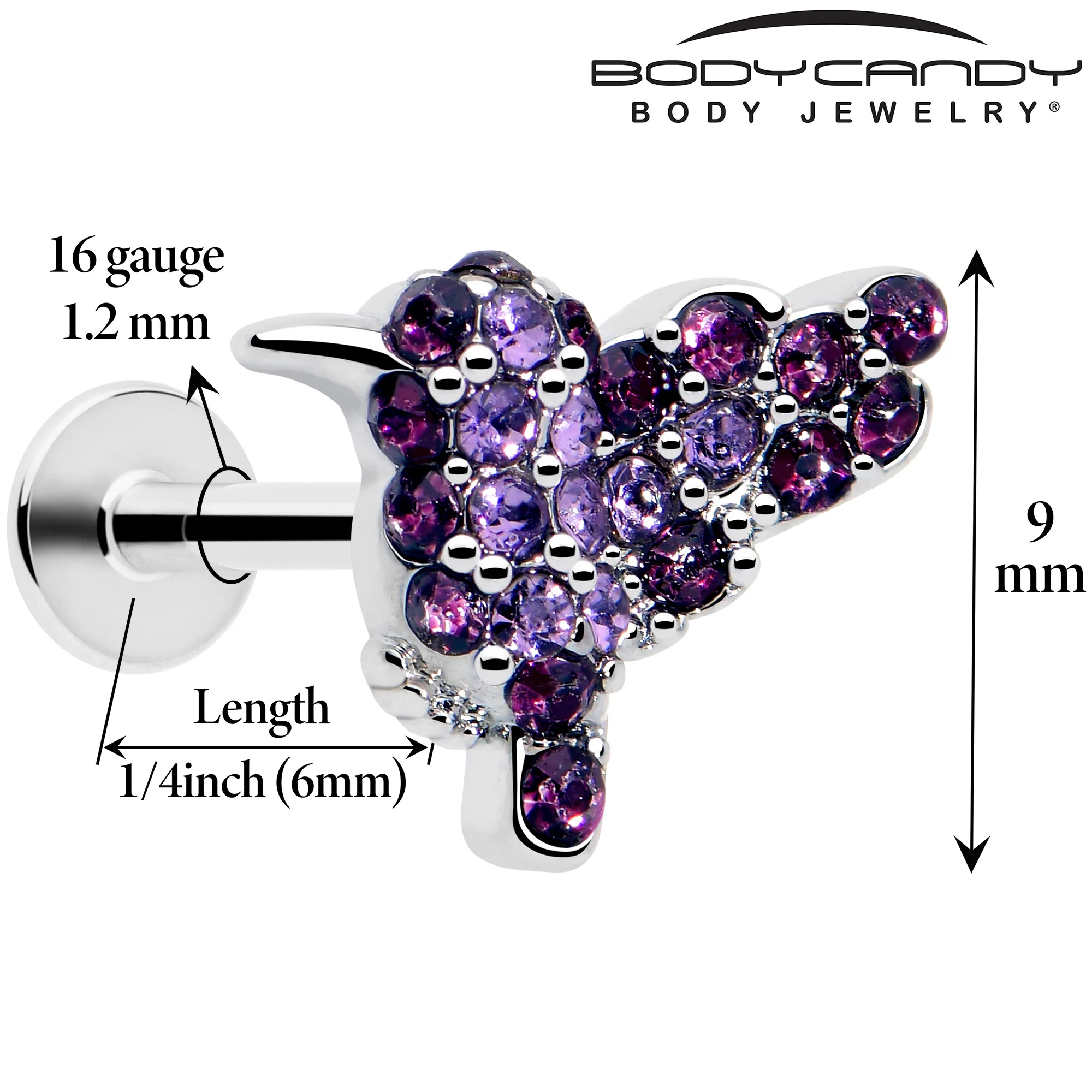 16G 1/4 Purple Gem Hummingbird Flair Cartilage Labret - Image 2