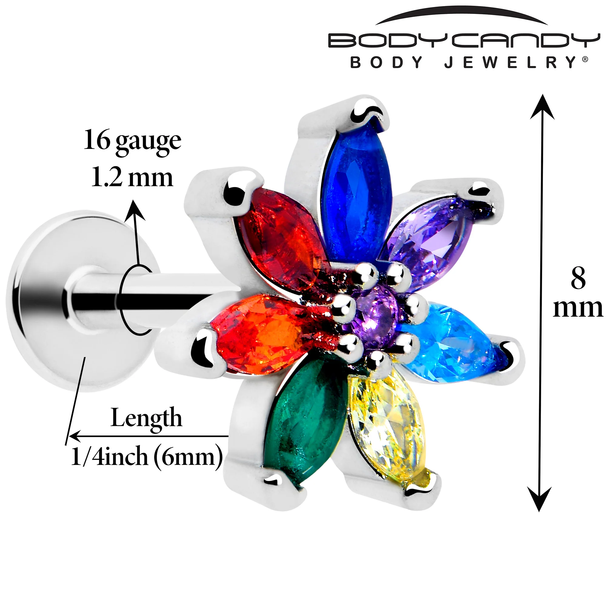 16G 1/4 Red Blue CZ Gem Rainbow Flower Cartilage Labret - Image 2