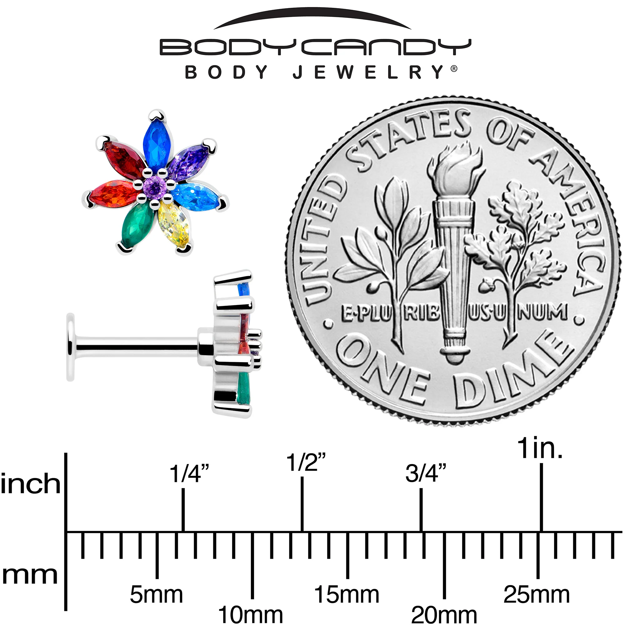 16G 1/4 Red Blue CZ Gem Rainbow Flower Cartilage Labret - Image 5