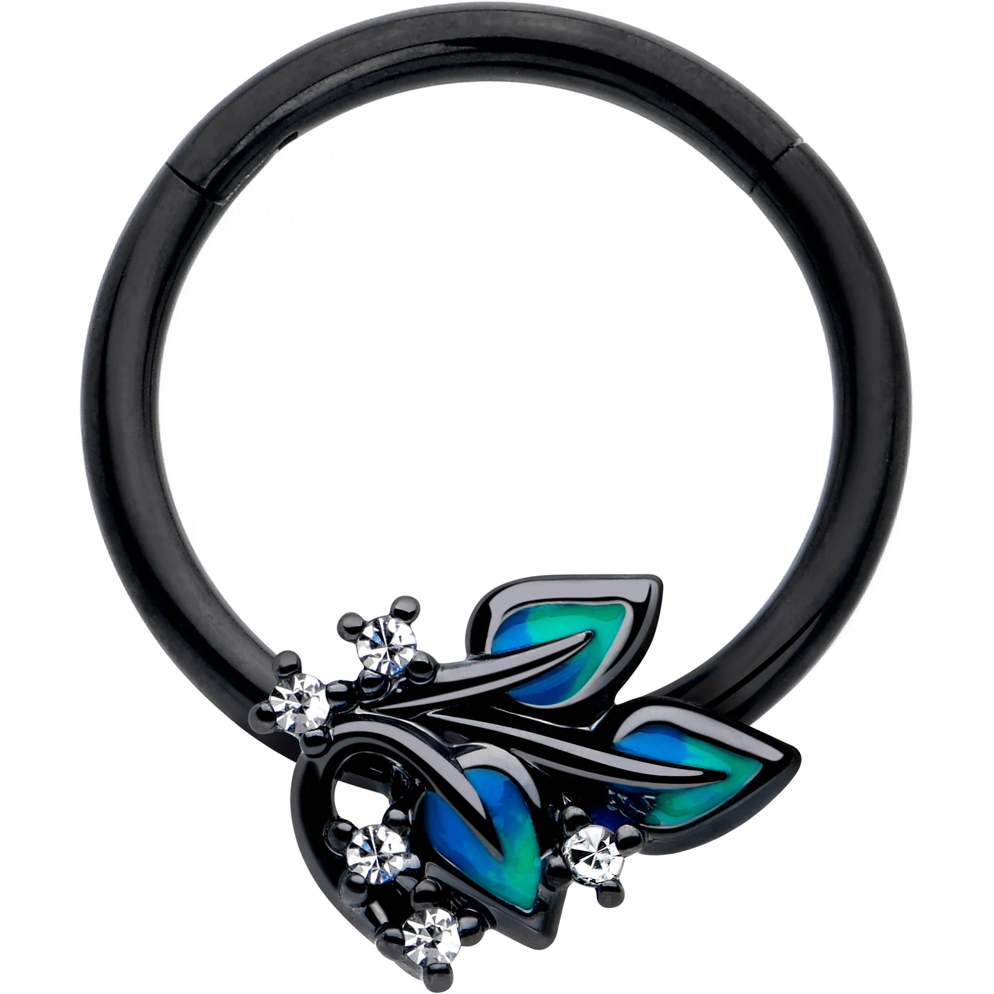 16G 3/8 Clear CZ Gem Black Lush Leaves Hinged Segment Ring