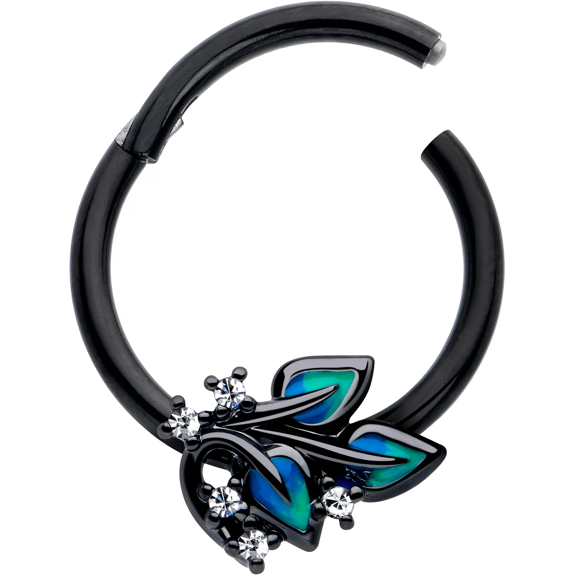 16G 3/8 Clear CZ Gem Black Lush Leaves Hinged Segment Ring - Image 2