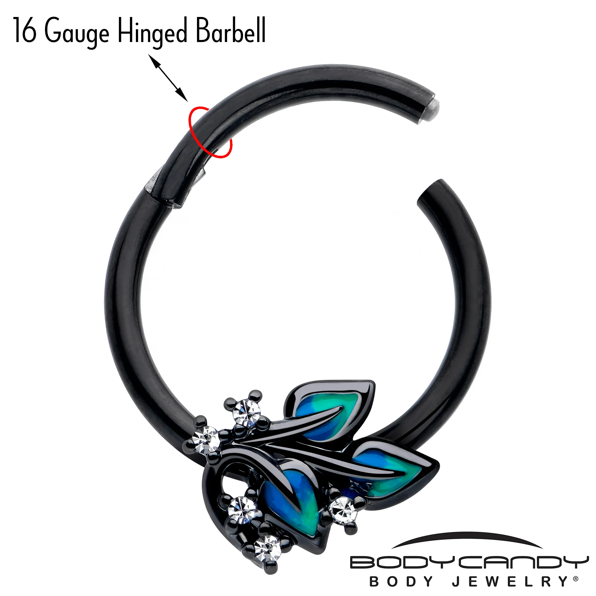 16G 3/8 Clear CZ Gem Black Lush Leaves Hinged Segment Ring - Image 3