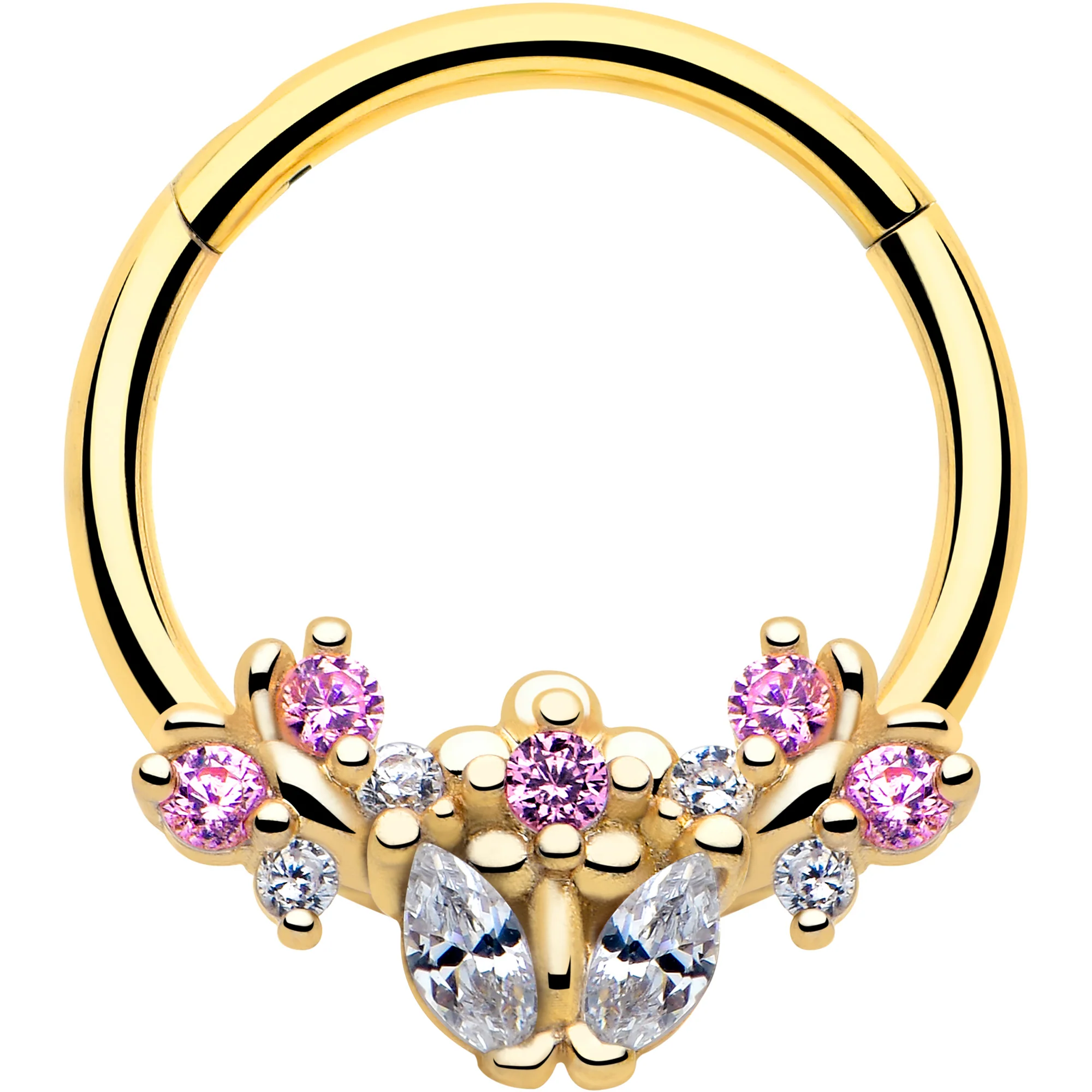 16G 3/8 Clear Pink CZ Gem Gold Tone Bead Flower Hinged Segment Ring
