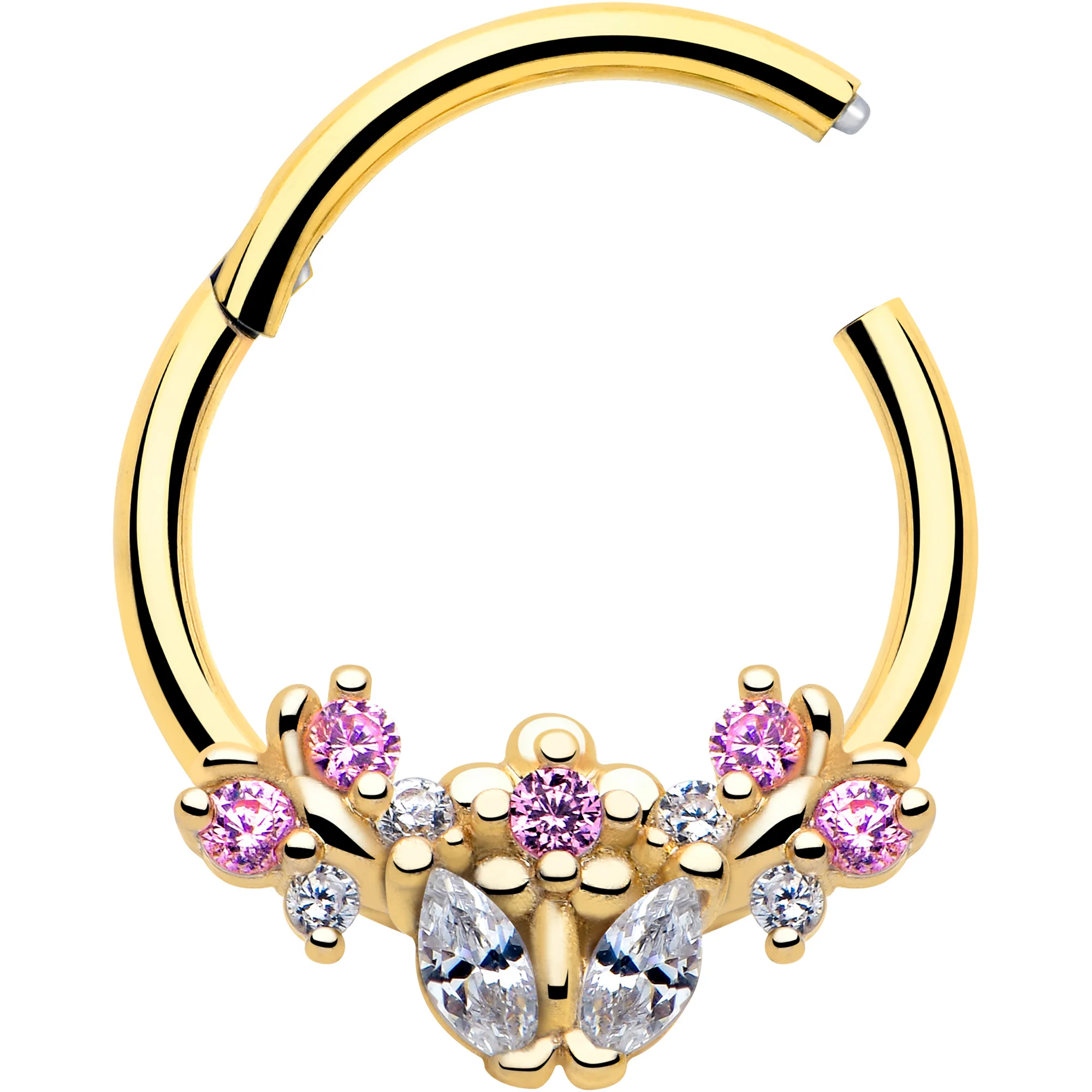 16G 3/8 Clear Pink CZ Gem Gold Tone Bead Flower Hinged Segment Ring - Image 2