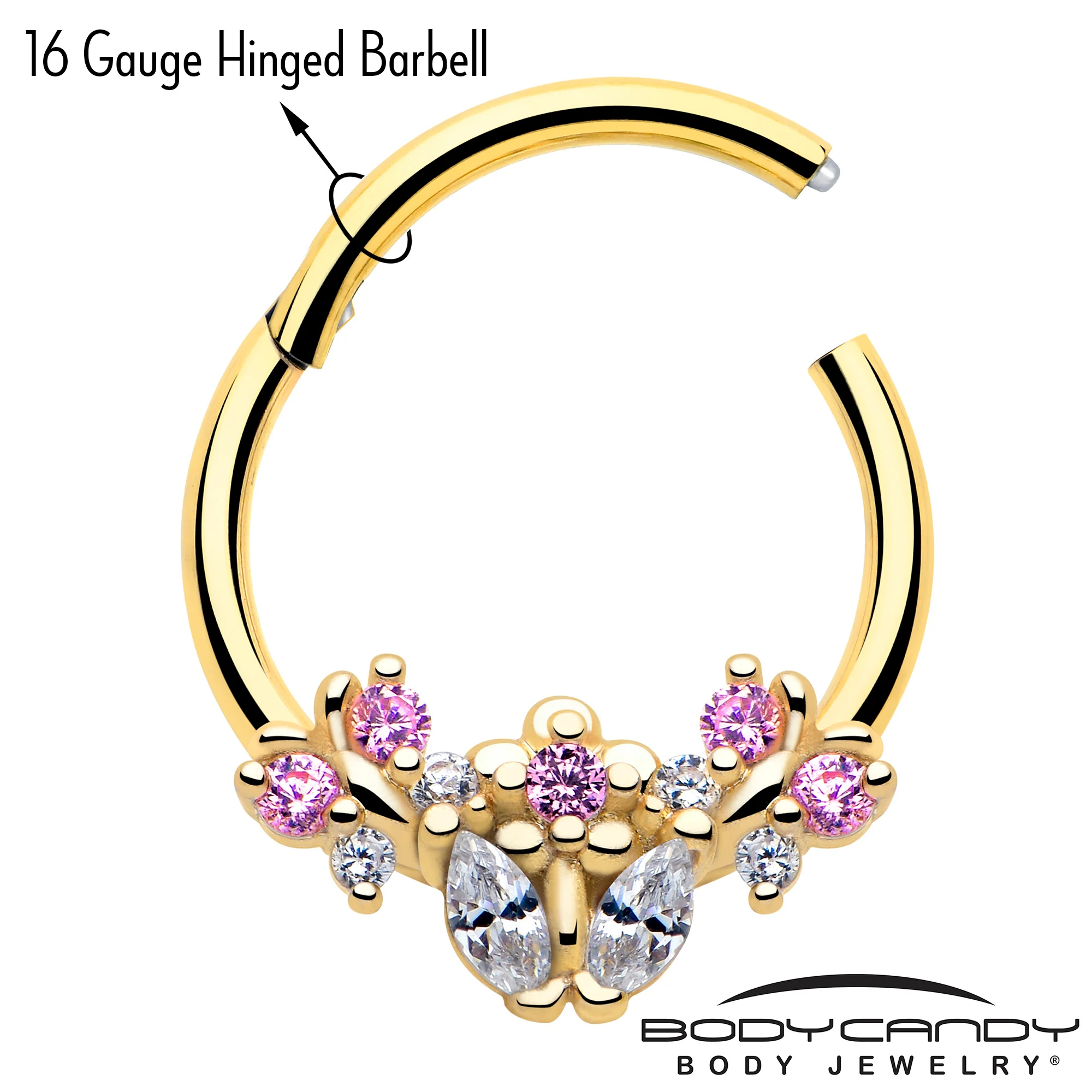 16G 3/8 Clear Pink CZ Gem Gold Tone Bead Flower Hinged Segment Ring - Image 3