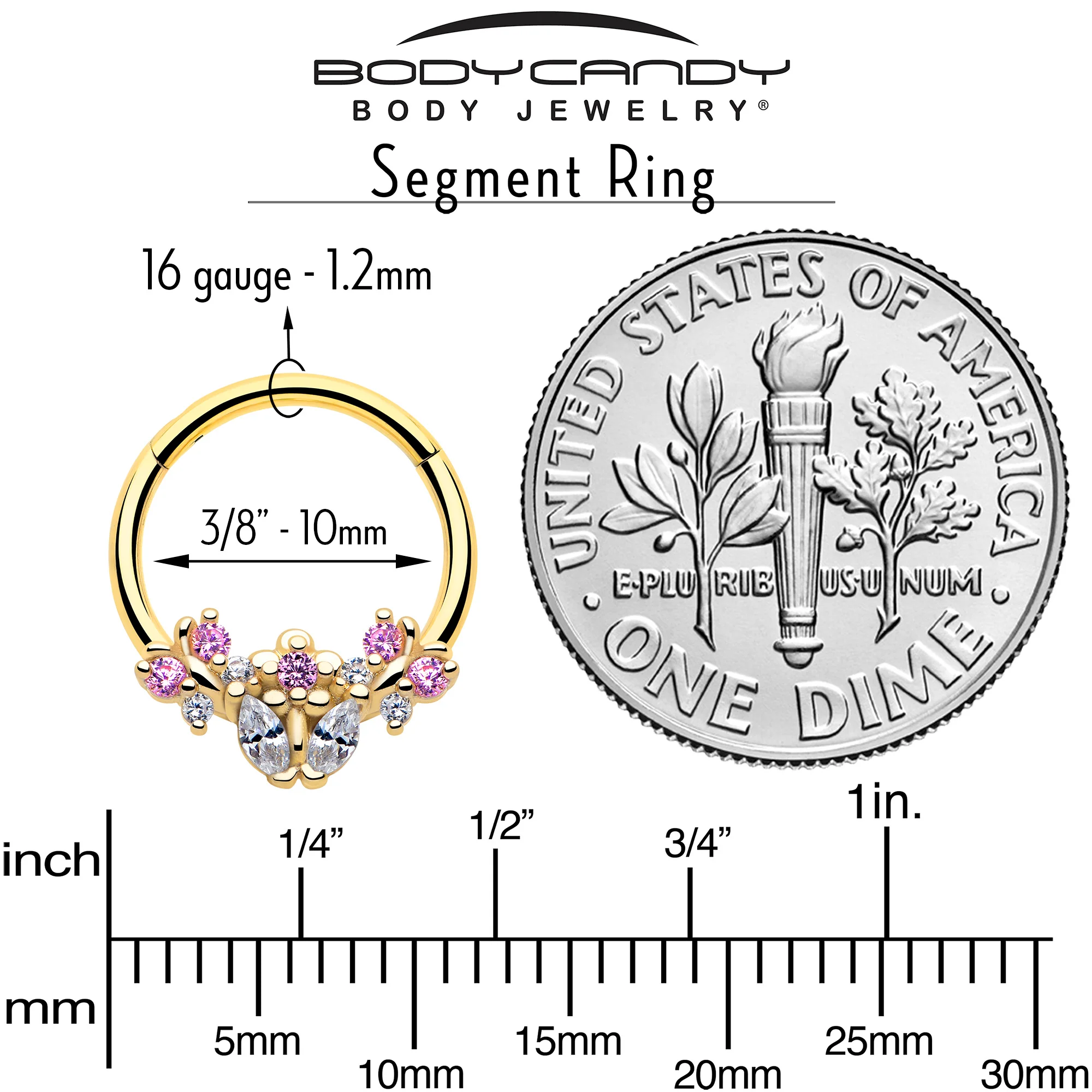 16G 3/8 Clear Pink CZ Gem Gold Tone Bead Flower Hinged Segment Ring - Image 4