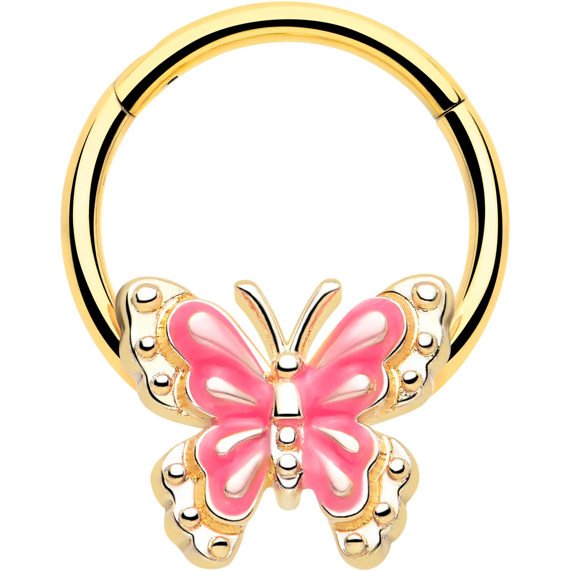 16G 3/8 Gold Tone Butterfly Pink Splash Hinged Segment Ring