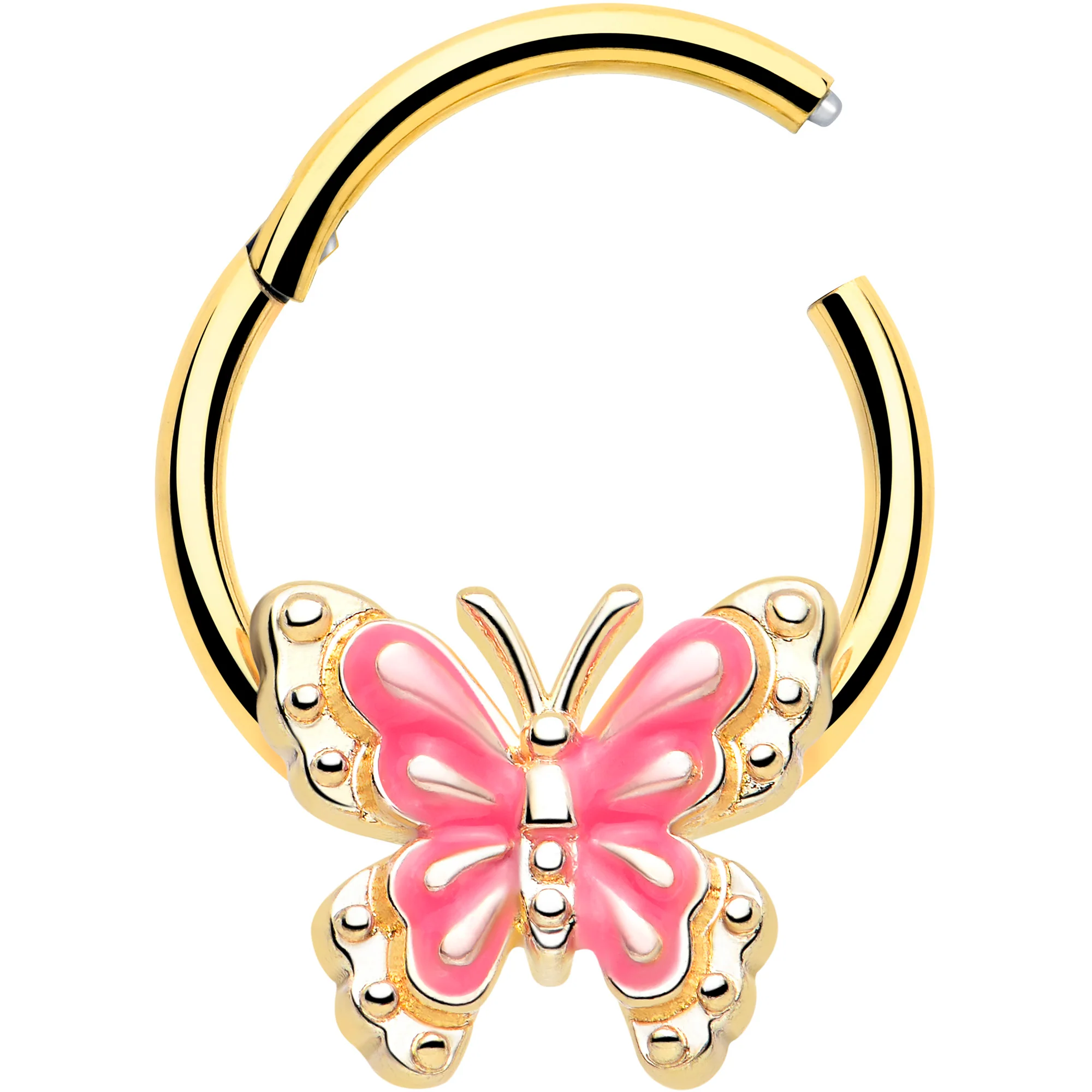 16G 3/8 Gold Tone Butterfly Pink Splash Hinged Segment Ring - Image 2
