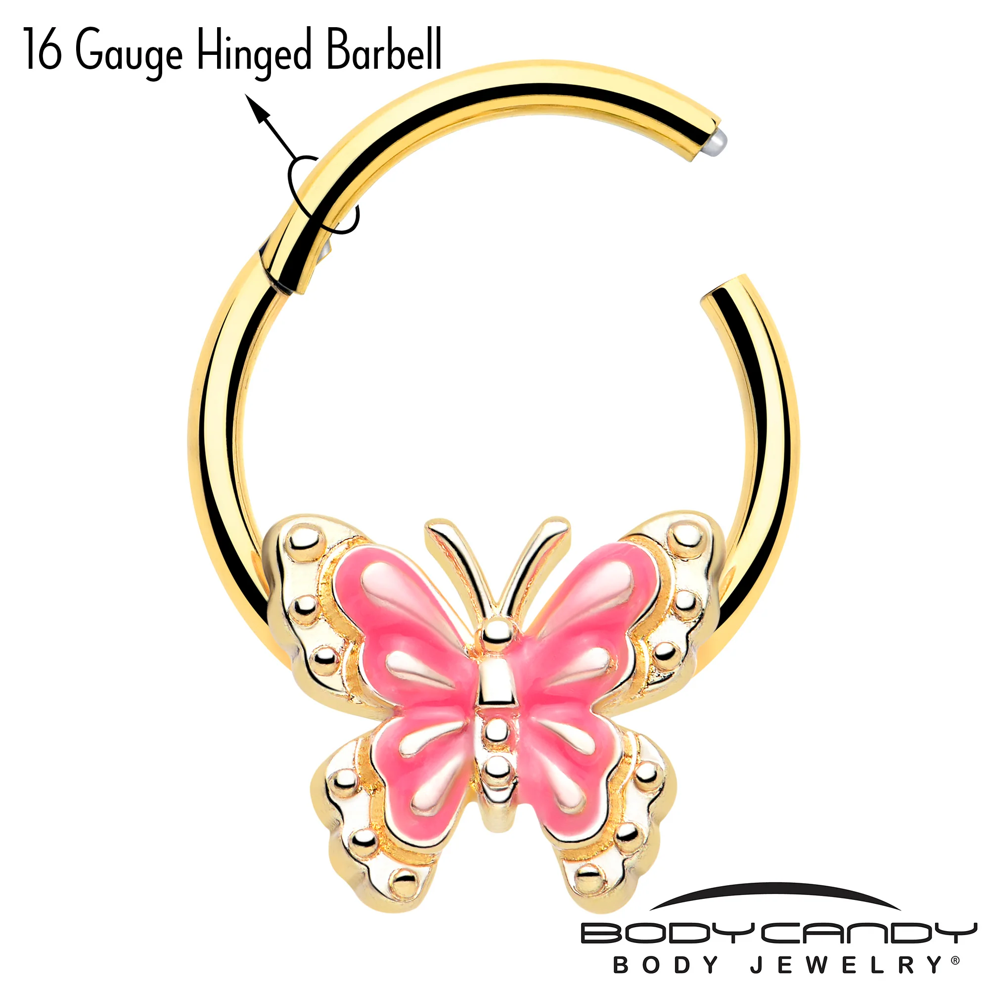 16G 3/8 Gold Tone Butterfly Pink Splash Hinged Segment Ring - Image 3