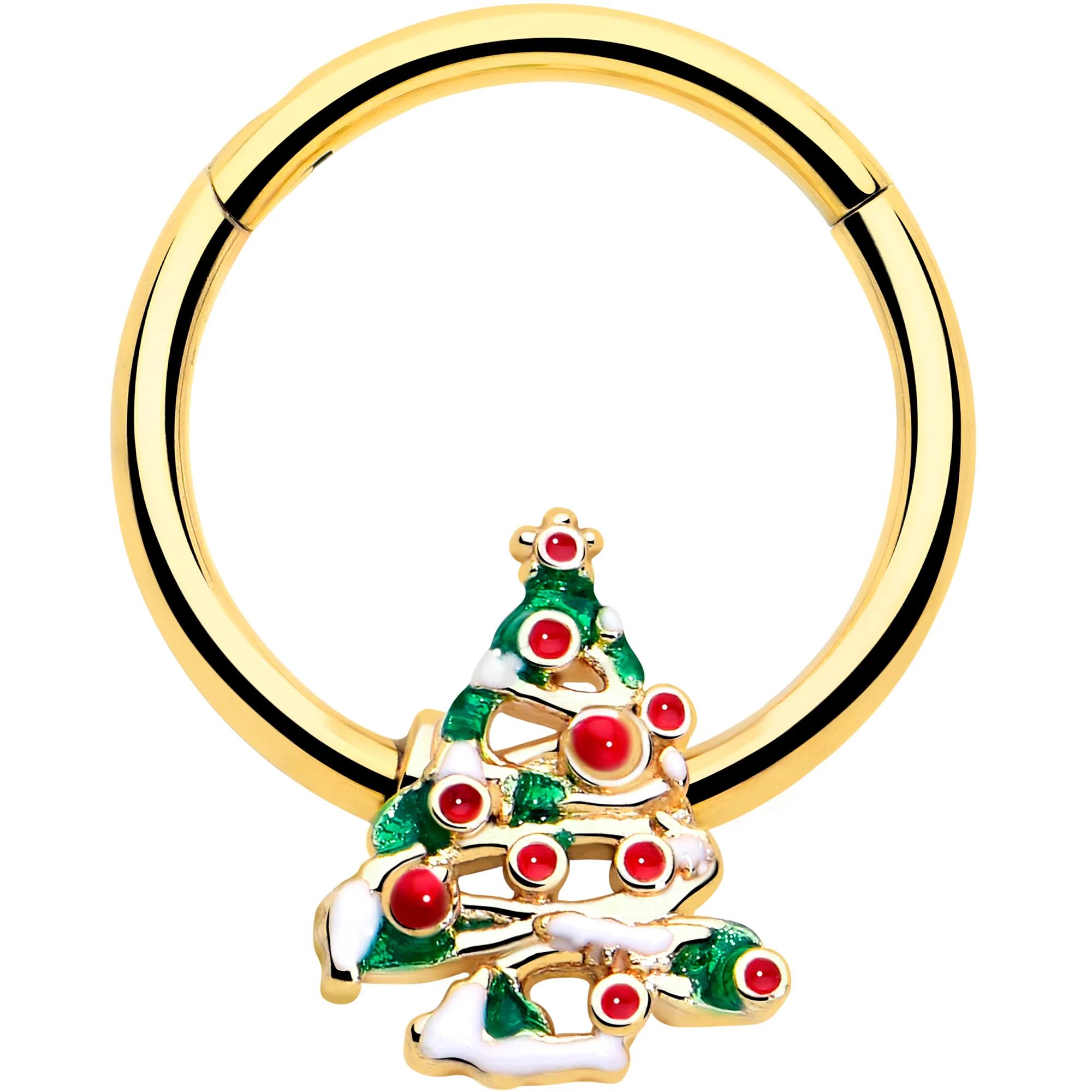 16G 3/8 Gold Tone Snowy Christmas Tree Hinged Segment Ring