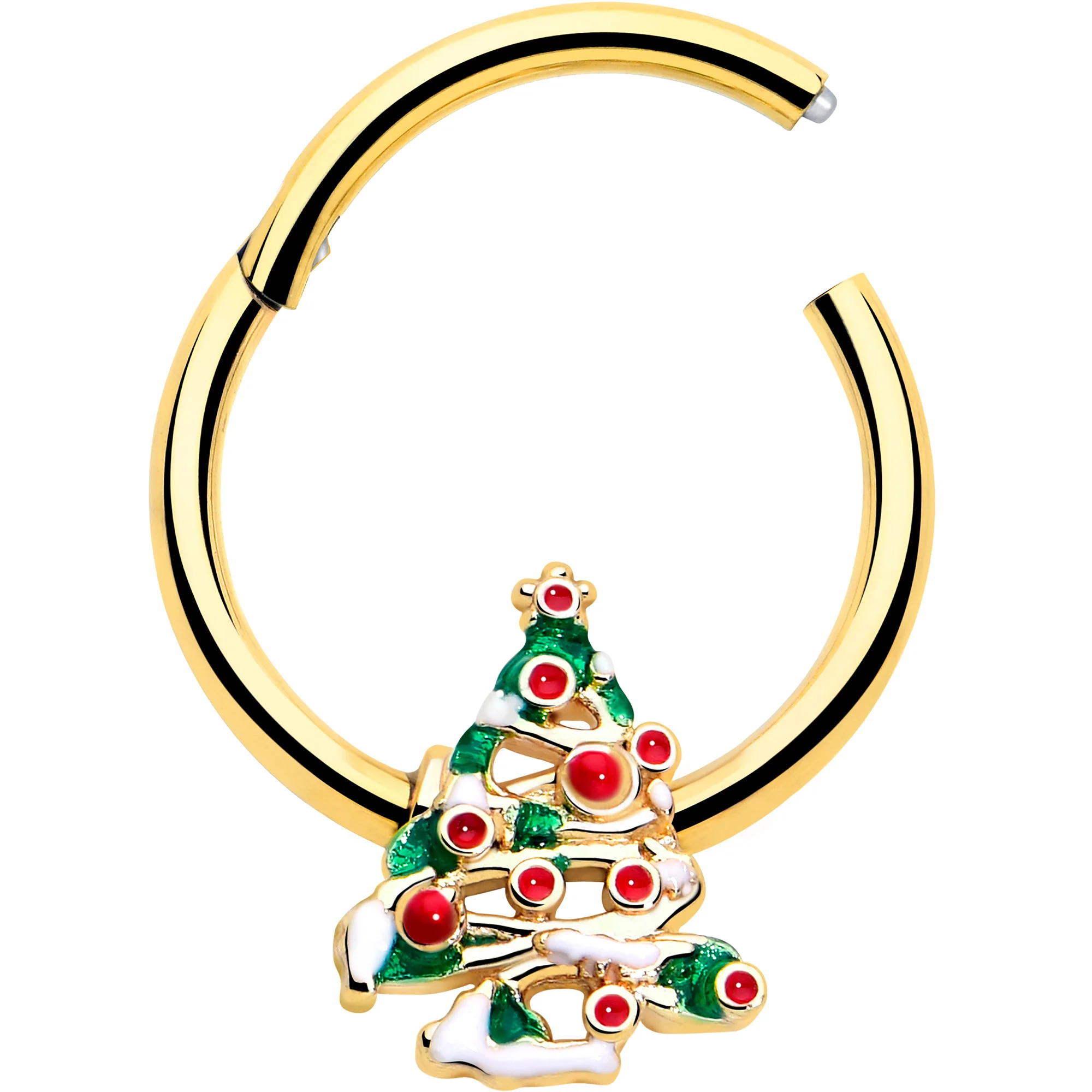 16G 3/8 Gold Tone Snowy Christmas Tree Hinged Segment Ring - Image 2