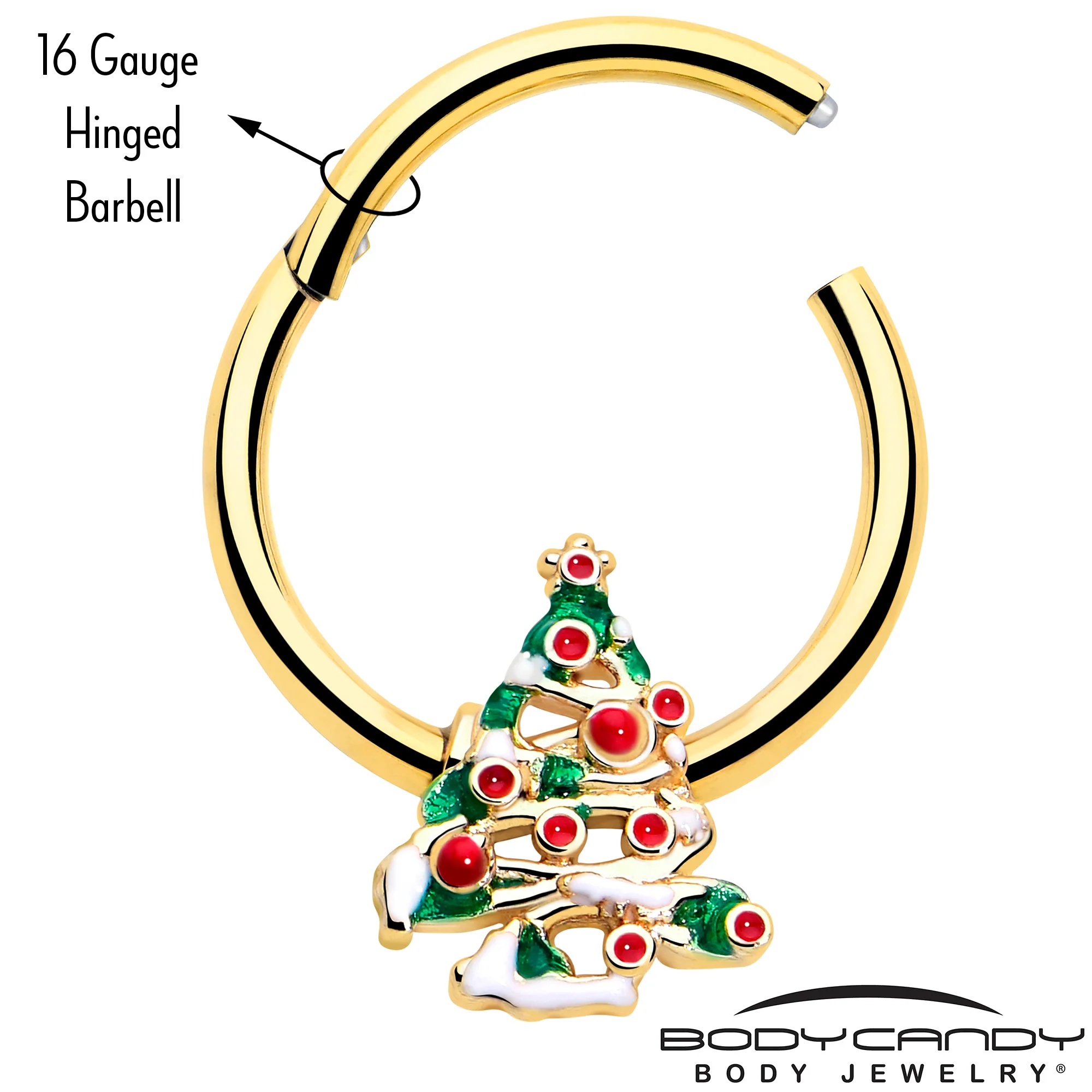 16G 3/8 Gold Tone Snowy Christmas Tree Hinged Segment Ring - Image 3