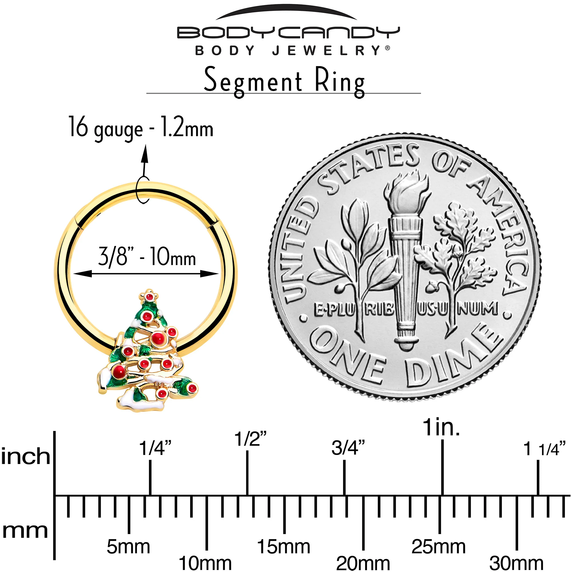 16G 3/8 Gold Tone Snowy Christmas Tree Hinged Segment Ring - Image 4